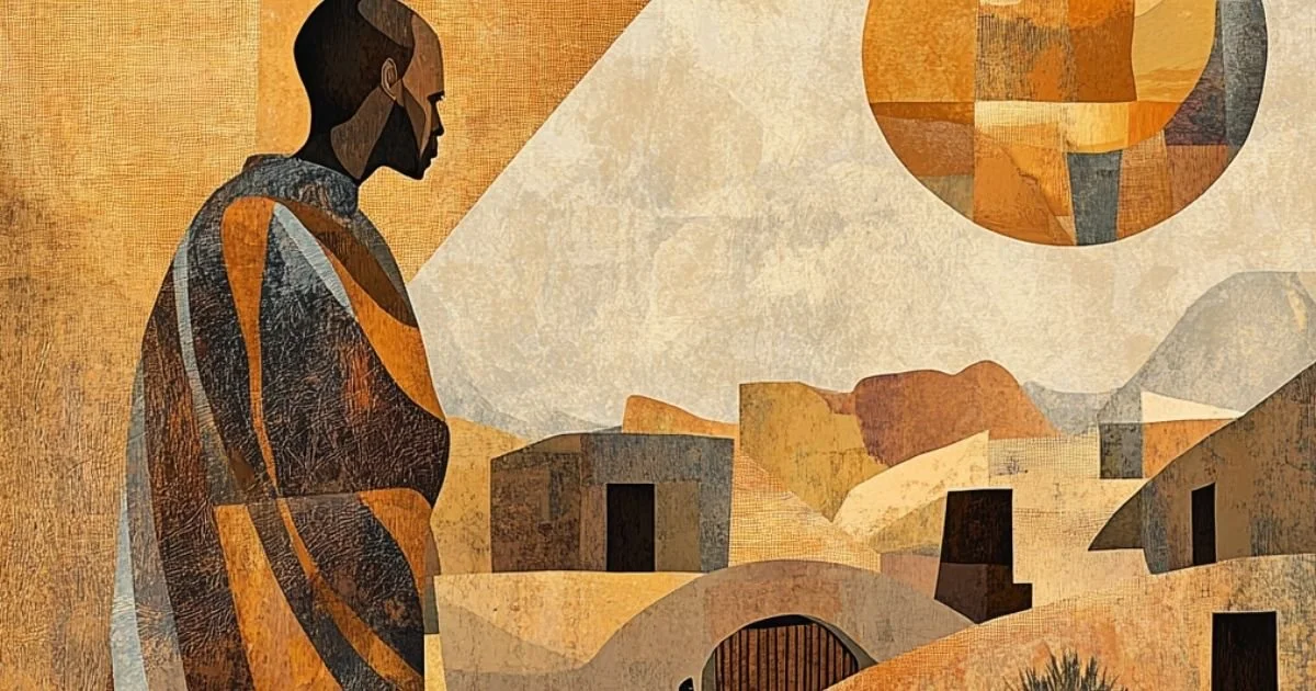 Illustration texturée ocre : silhouette contemplant un soleil géométrique — Parole de la Maison, Les Contes de Katiopa.