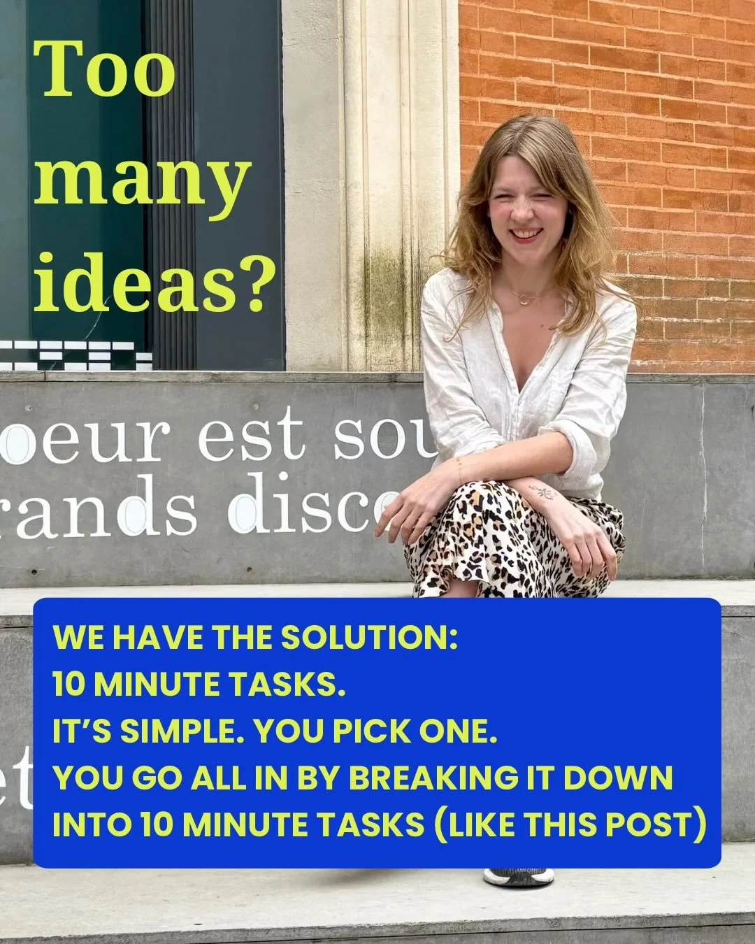 Ten Minute Tasks is a tool I return to again and again, so many of our members join not knowing which idea to execute, they all feel like they&rsquo;re potentially &lsquo;the one&rsquo;

But it&rsquo;s like dating, &lsquo;the one&rsquo; is the one yo