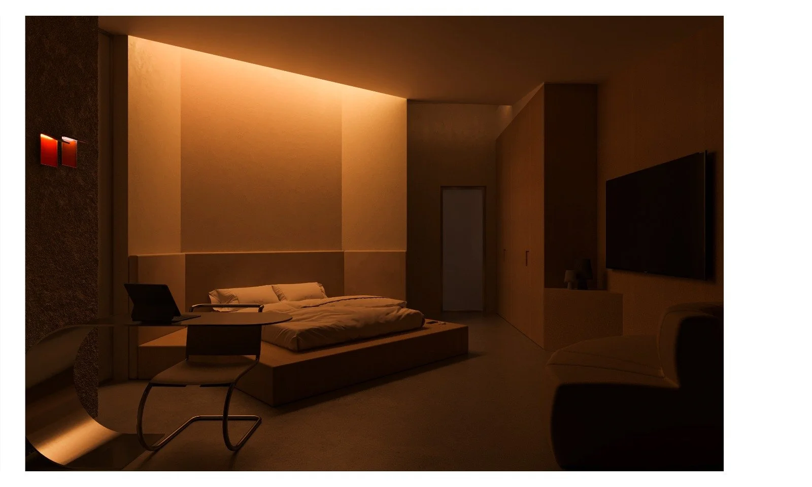 Dimly lit modern bedroom with a bed, a side table with a chair, a flat-screen TV mounted on the wall, and warm ambient lighting.