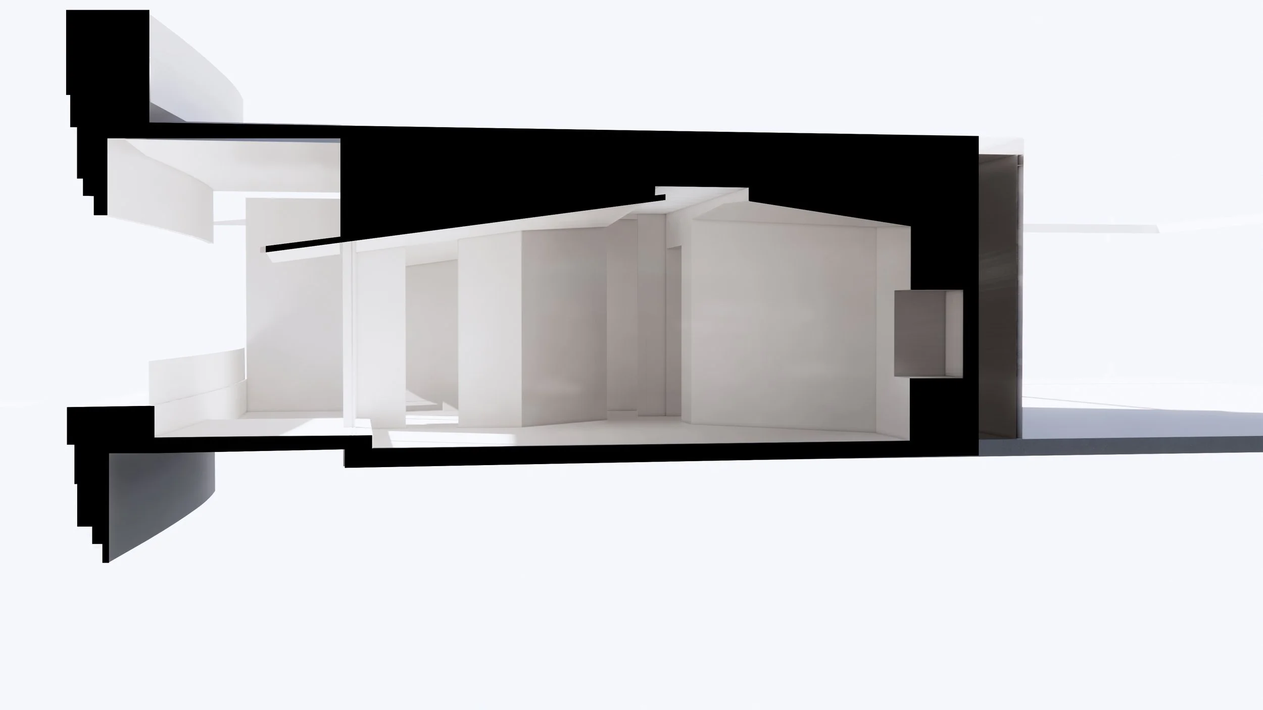 Architectural model of a modern building with black and white sections, viewed from above.