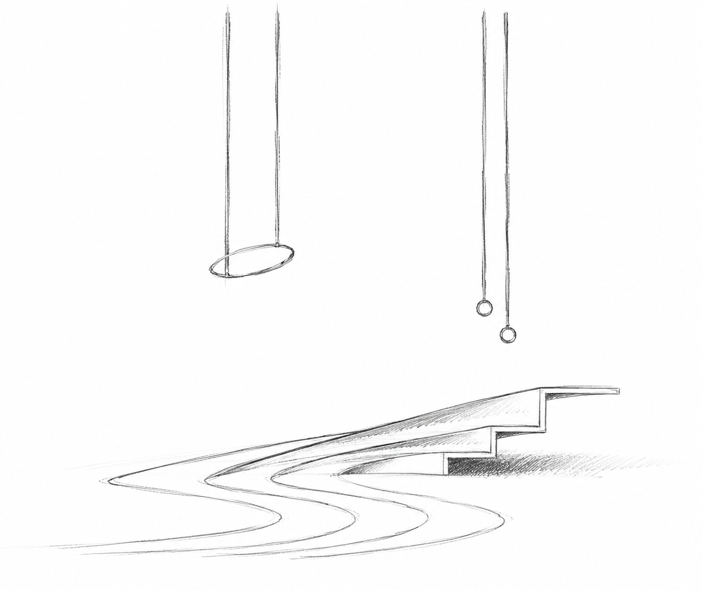 Line drawing of gymnastic rings hanging from the ceiling and a set of stairs on the right with wavy lines representing a floor.