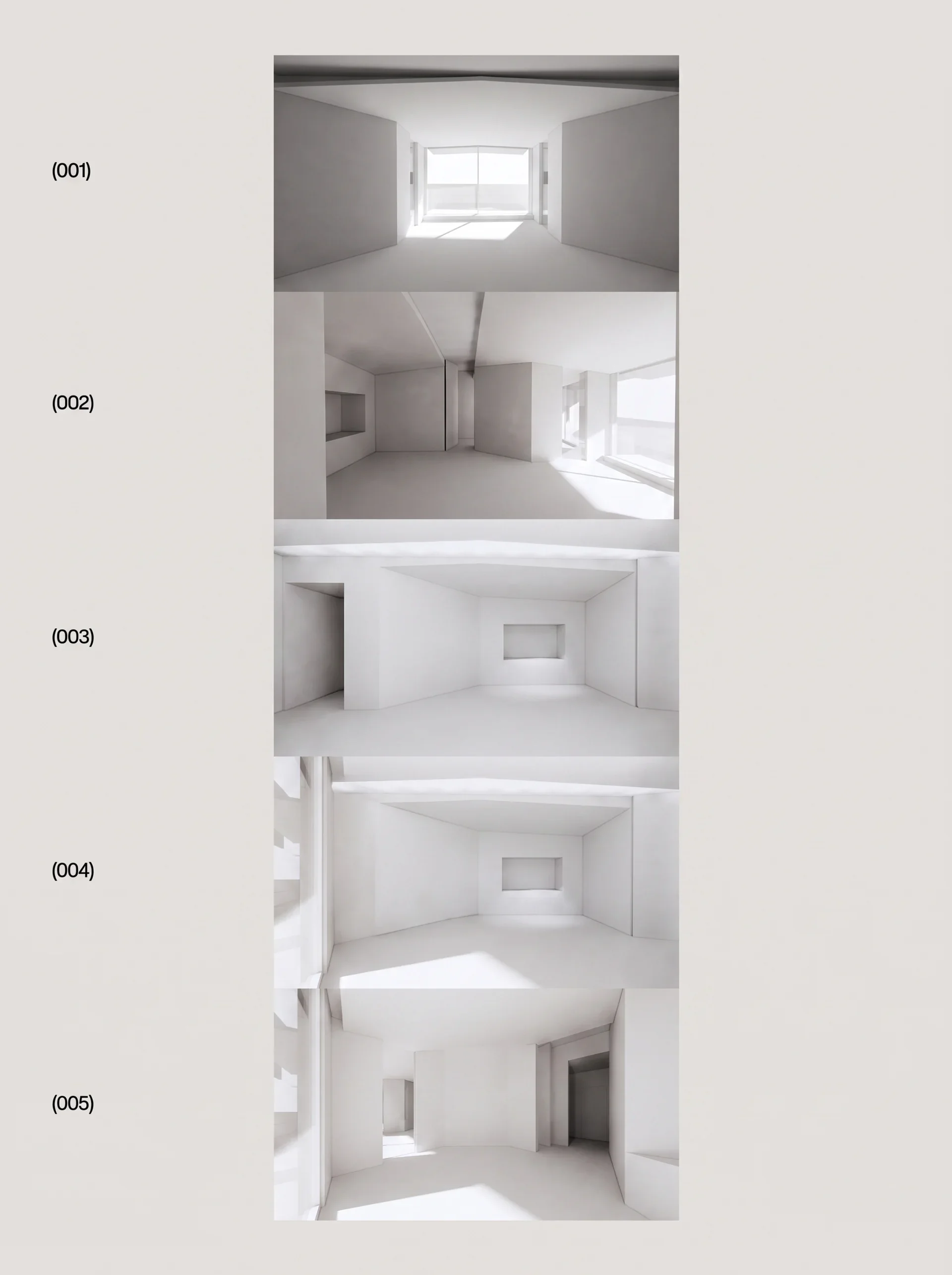 Series of five interior shots of a minimalistic, modern white room with clean lines, large windows, and various geometric architectures.