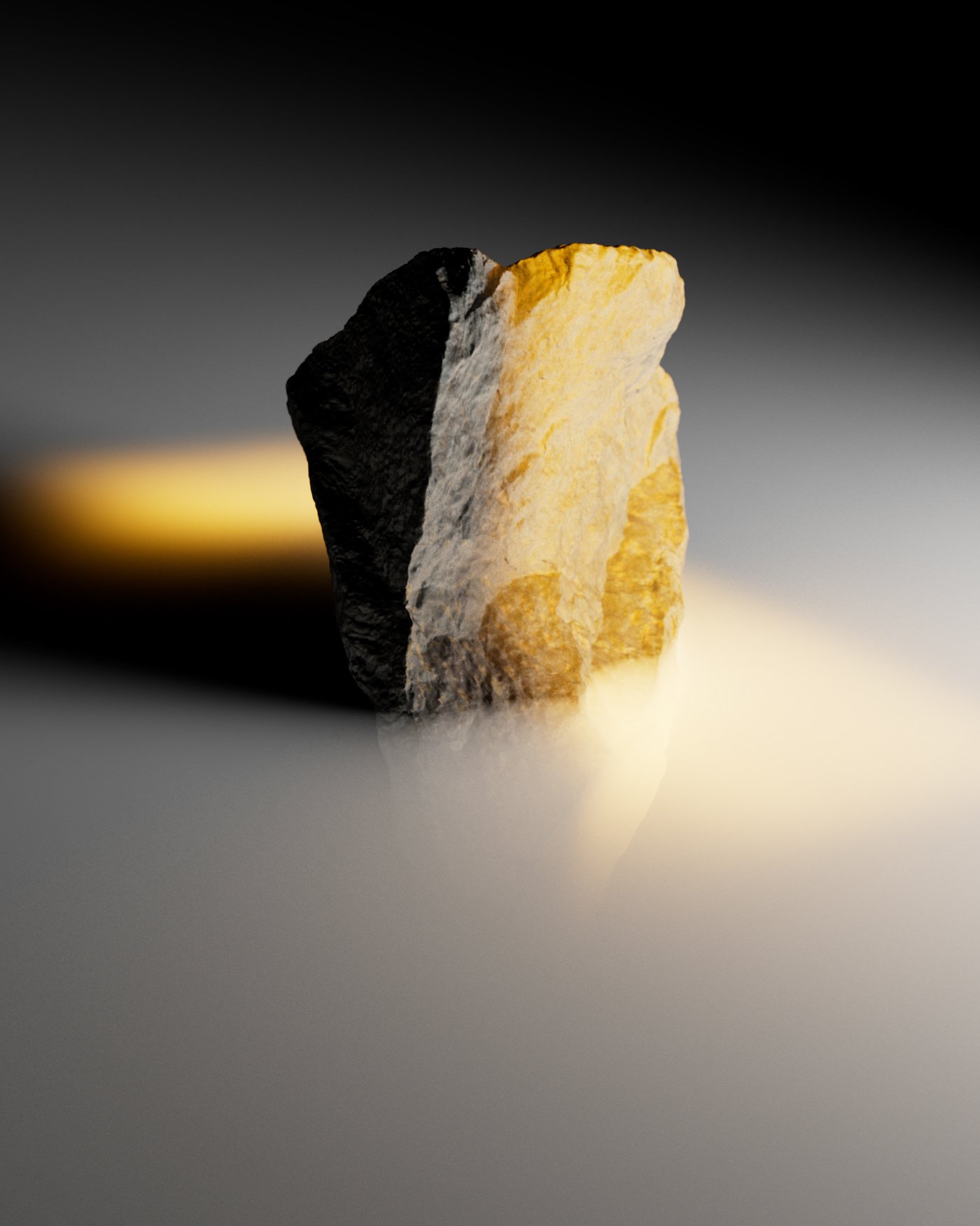 Two stones, one black and one yellow, standing upright on a reflective surface with a gradient background.