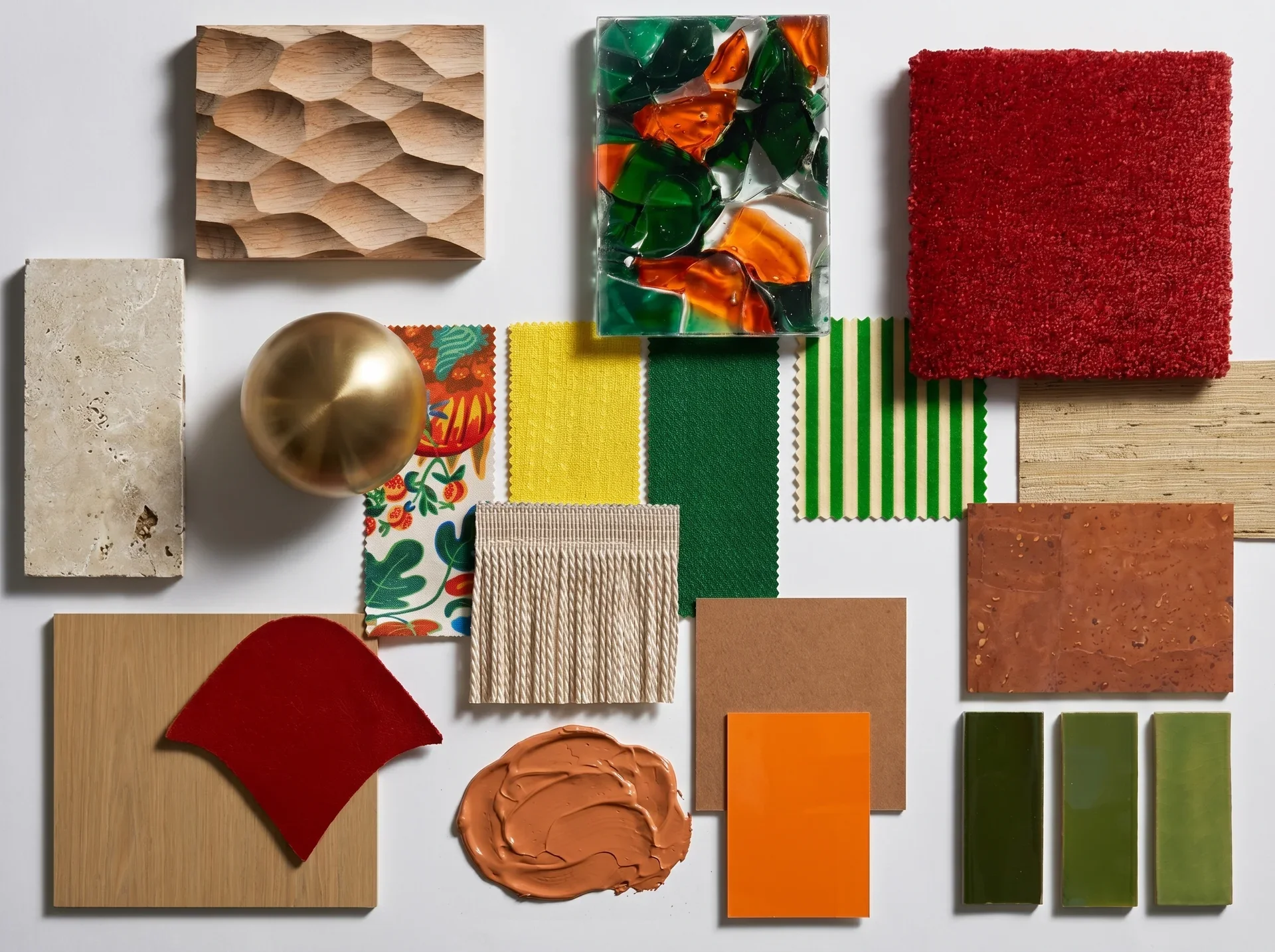 A collection of interior design materials and samples including wood, fabric, tile, glass, and paint in earthy and vibrant colors arranged on a white background.
