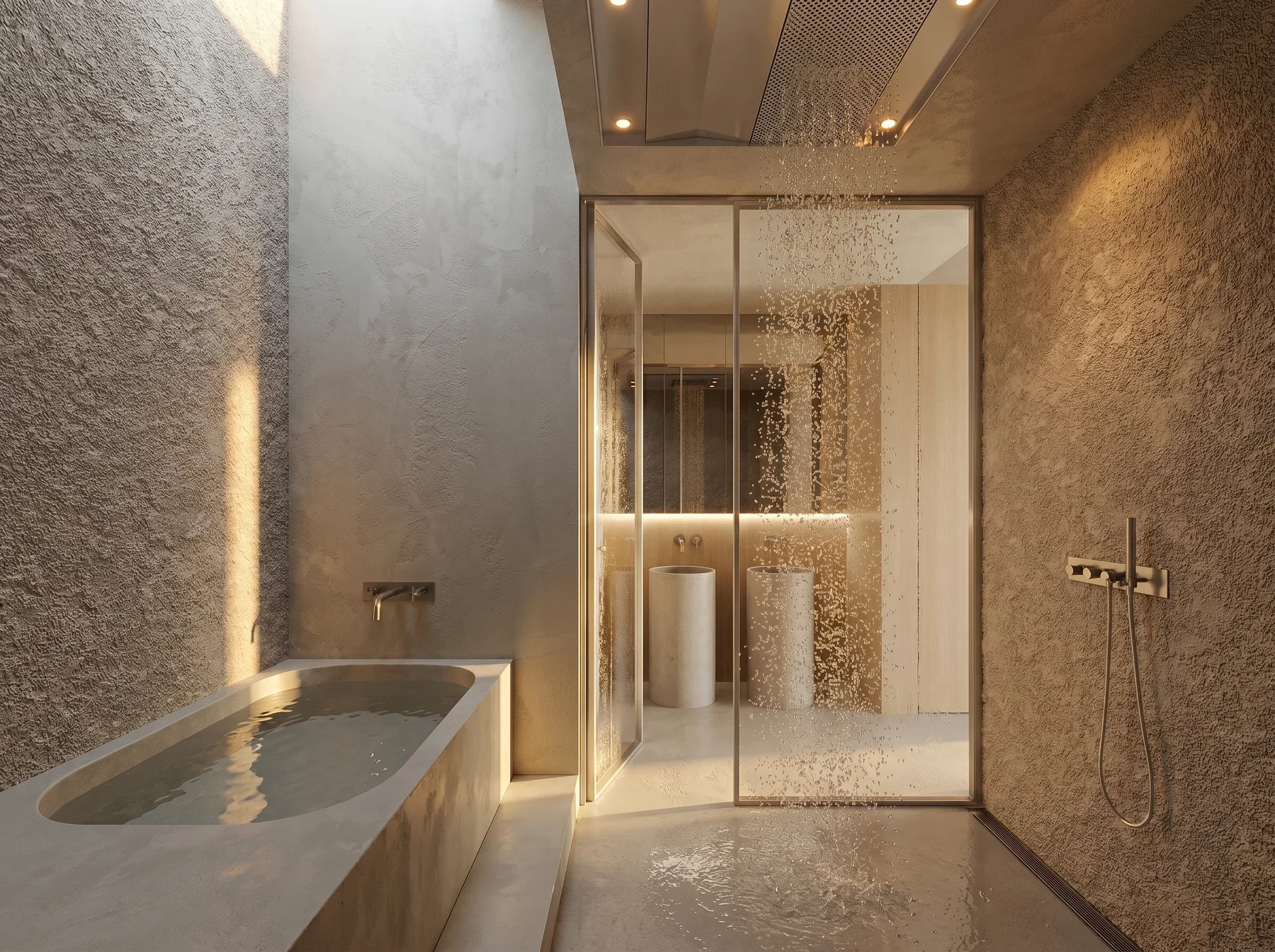 Modern bathroom with a soaking tub on the left, textured walls, and a glass-enclosed shower area with a rainfall showerhead and two cylindrical stools inside.