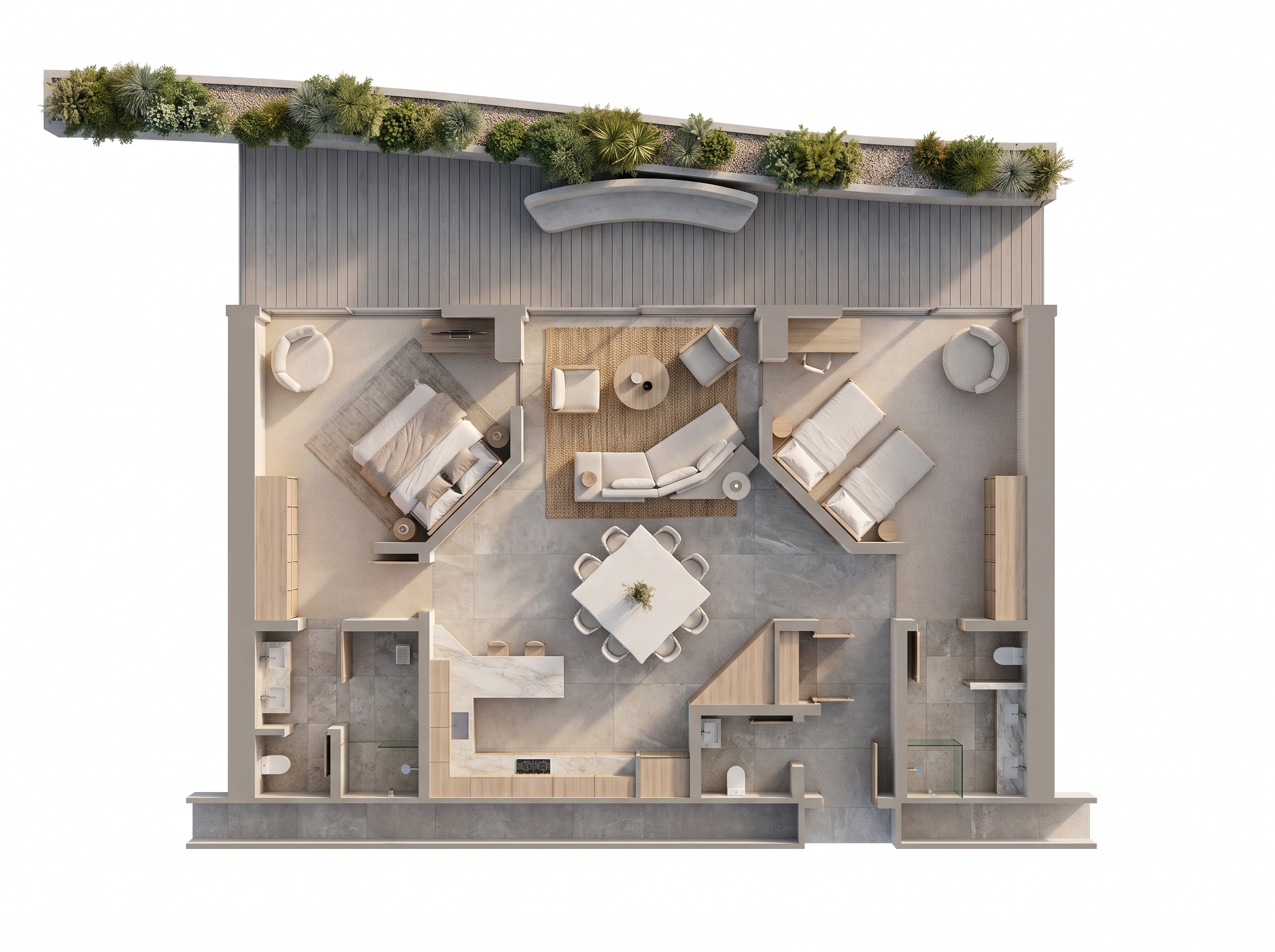 Top-down view of a modern apartment layout with living room, bedroom, kitchen, bathroom, and a balcony with seating and greenery.