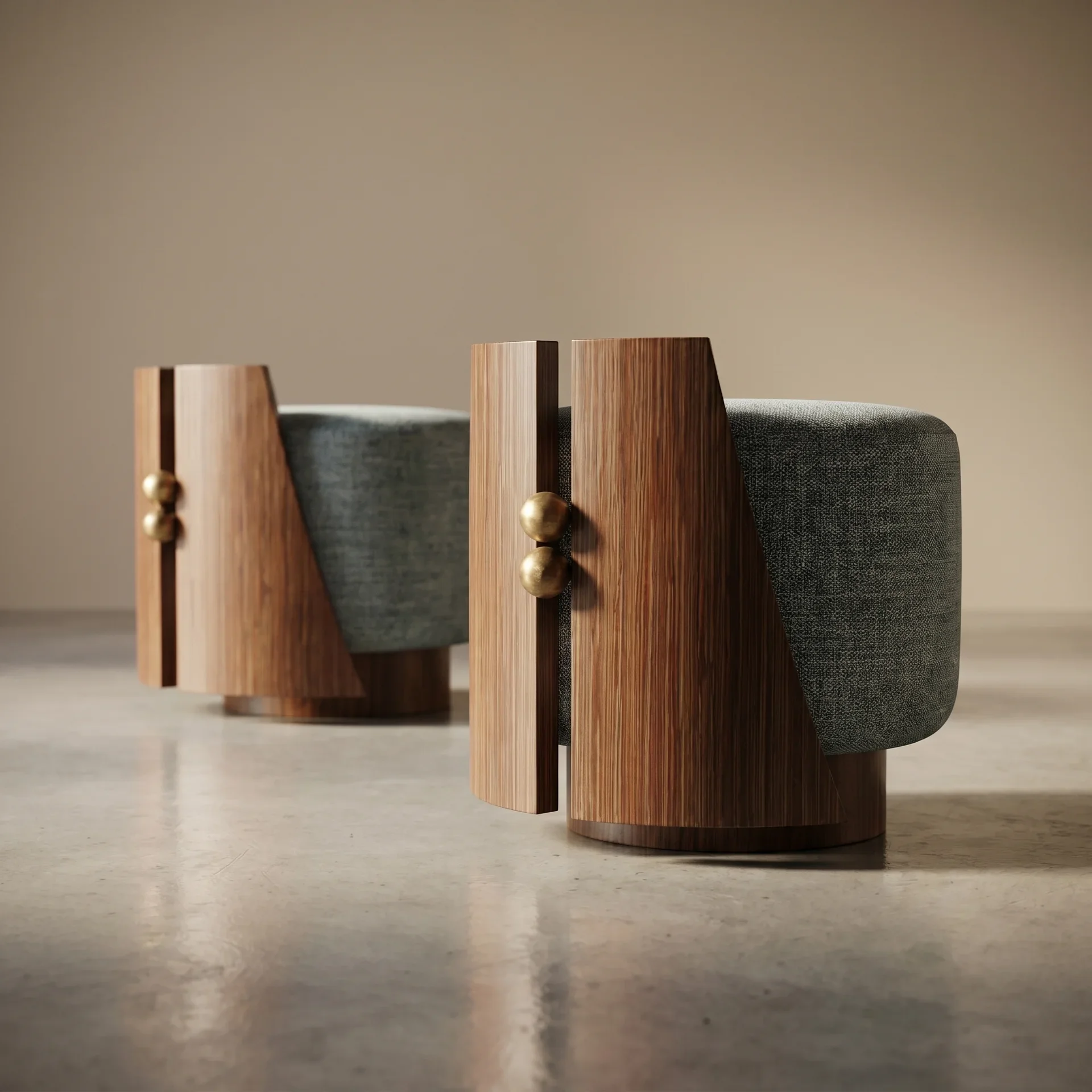 Close-up of three modern wooden chairs with brass accents, featuring a minimalist design on a light floor against a plain beige wall.