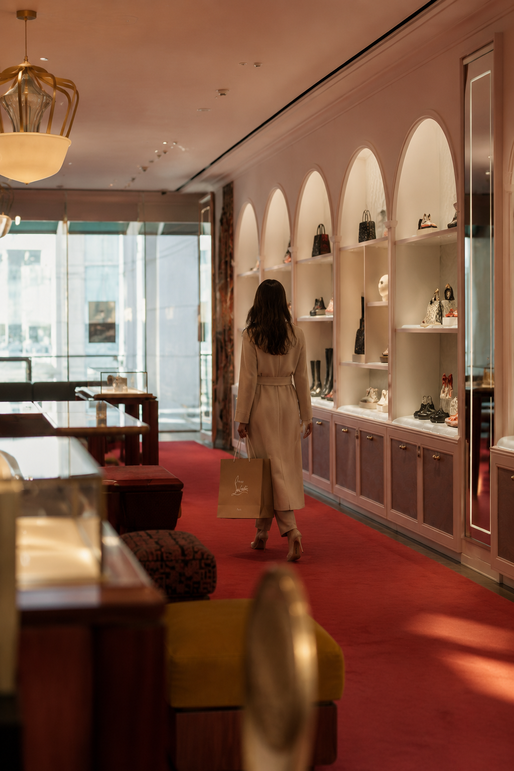 A woman with brown hair wearing a long beige coat and high heels is shopping for shoes in a boutique. She is holding a shopping bag in her right hand and is facing display shelves filled with various shoes and handbags.