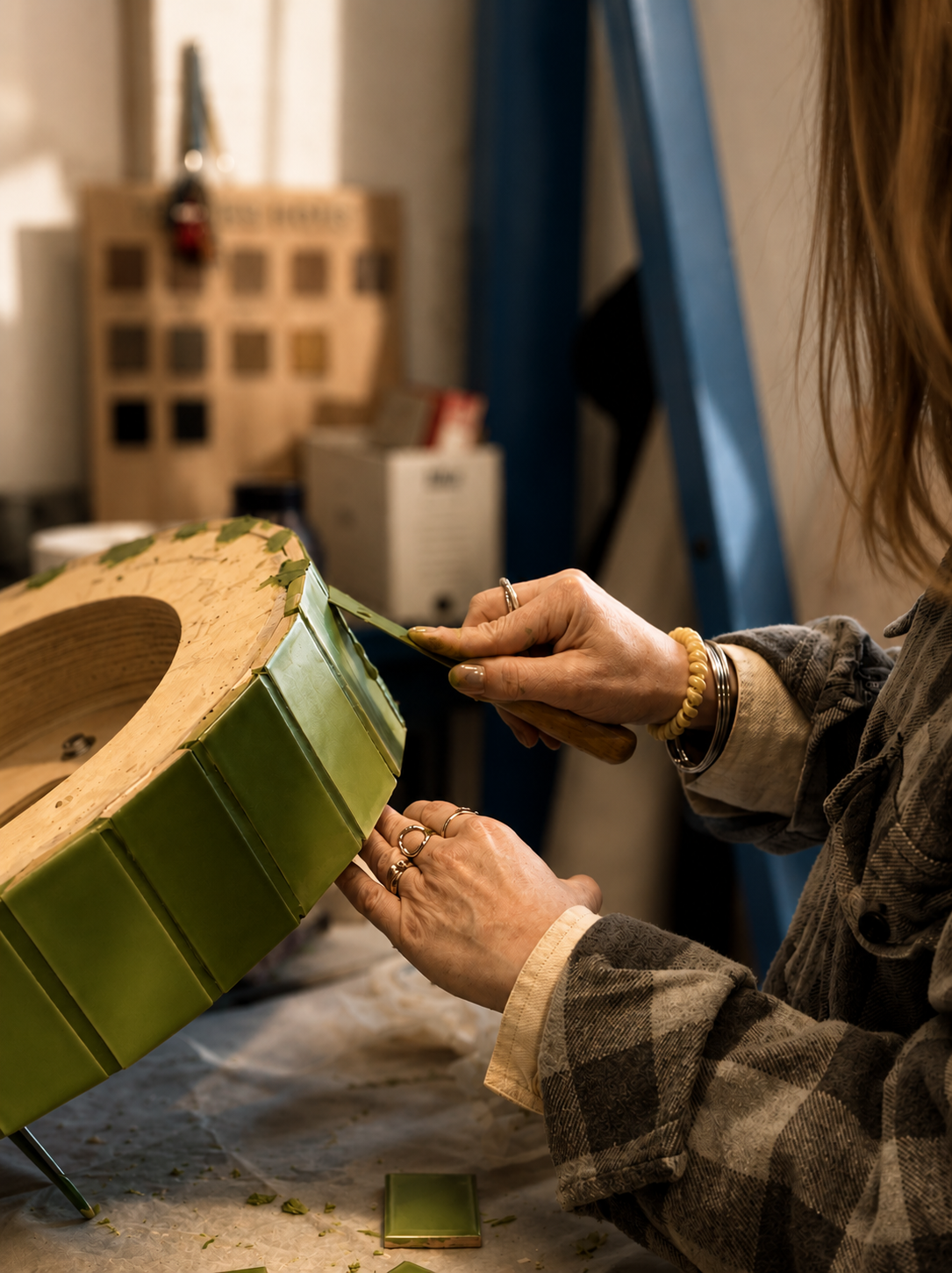Person working on a craft project, assembling a circular object with green tiles and wood, in a workshop with various tools and materials in the background.