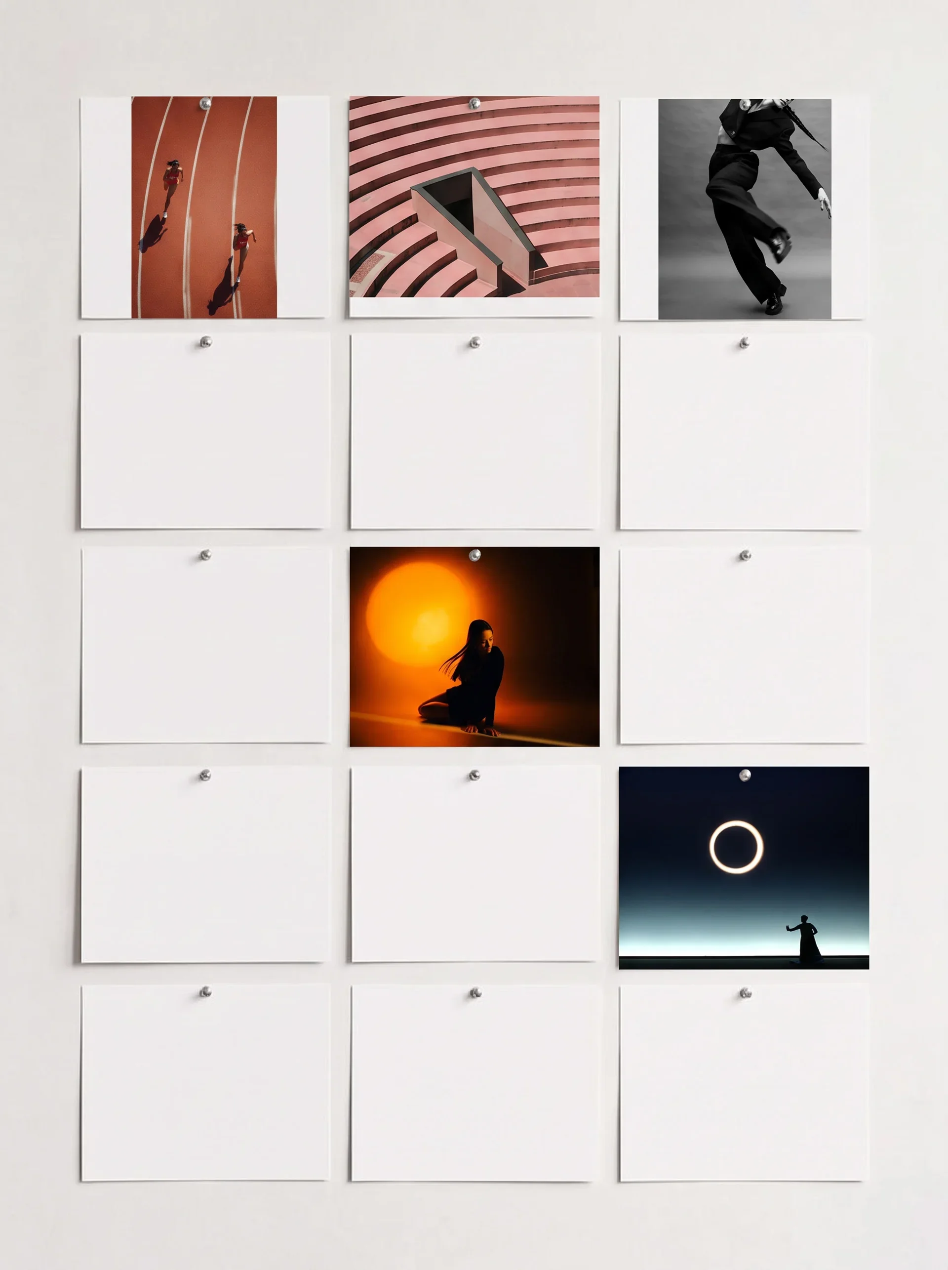 A grid of nine images, with the top row showing an aerial view of two runners on a red track, an abstract architectural structure with pink stairs forming a circular pattern, and a black-and-white photograph of a person in a professional outfit danci