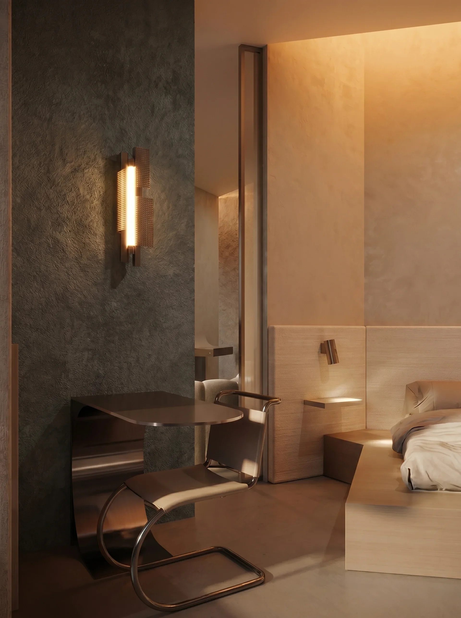A dimly lit modern hotel room with a bed, a nightstand, and a wall-mounted light fixture, featuring warm tones and minimalist decor.
