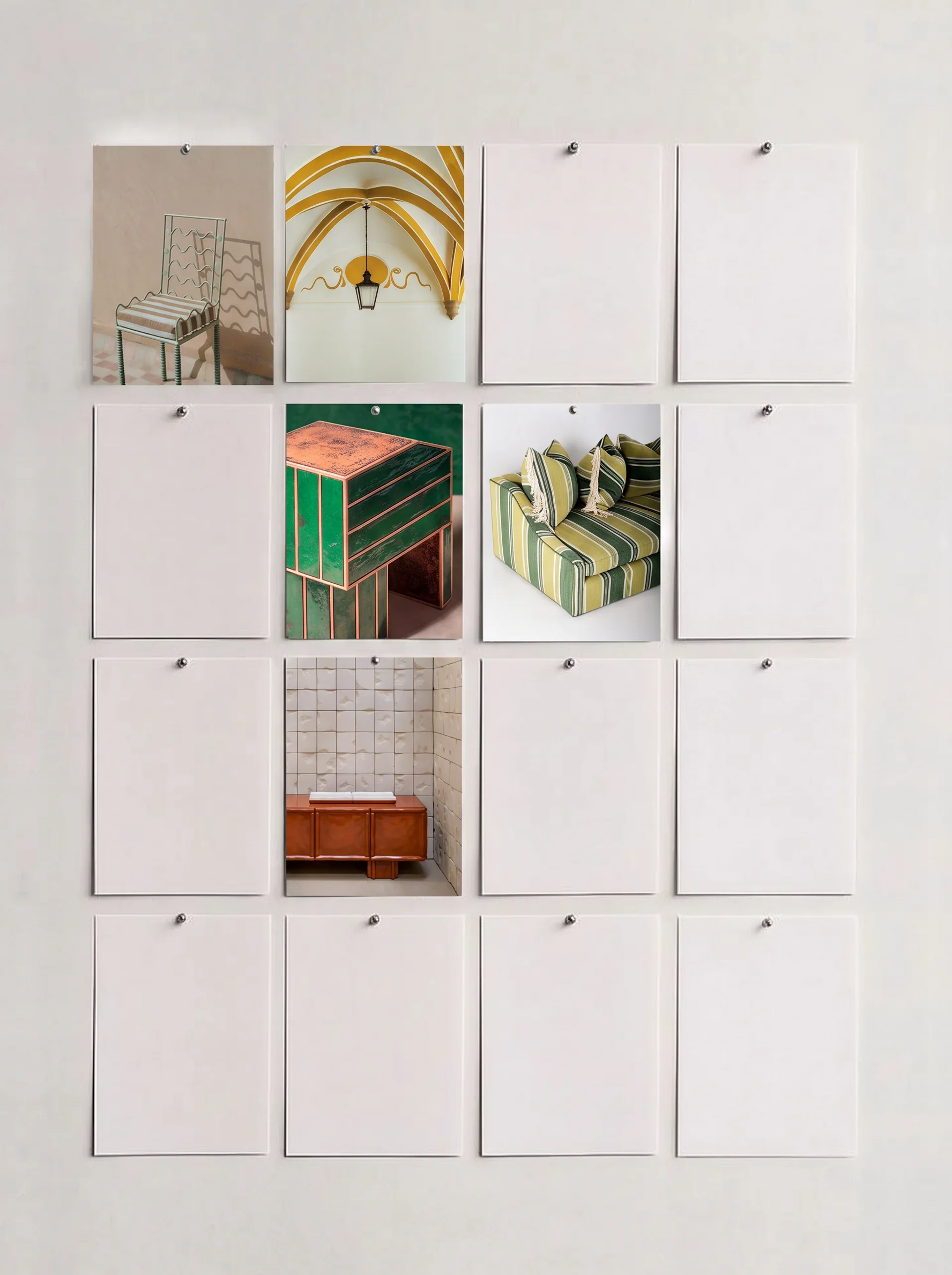 A wall display with ten thumbnail images arranged in a grid. The images include a chair with a striped cushion, an arched ceiling with a hanging lantern, a green and orange cabinet, a striped sofa with decorative pillows, and tiled bathroom walls.