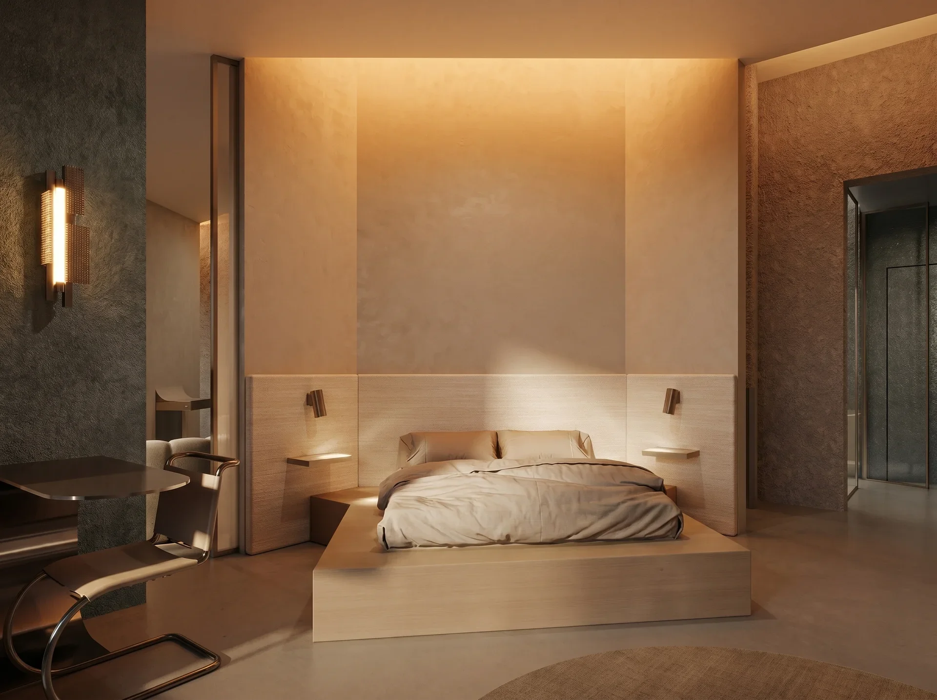 Modern bedroom with beige walls, a low bed with beige bedding, built-in bedside lights, a desk with a chair, and a mirror on the right side.