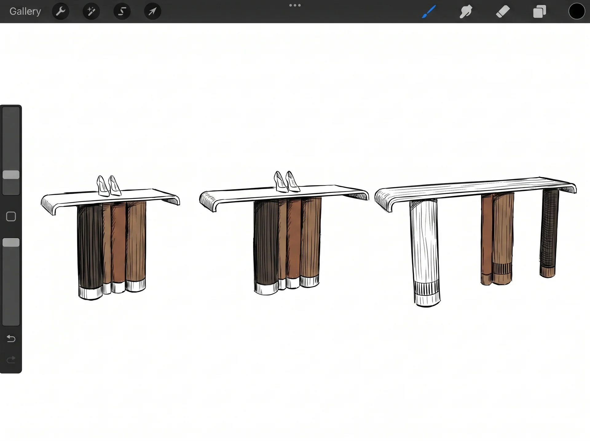 Digital drawing of three tables with brown and black striped cylindrical legs and white tabletops, with small high-heeled shoes on top of the tables.