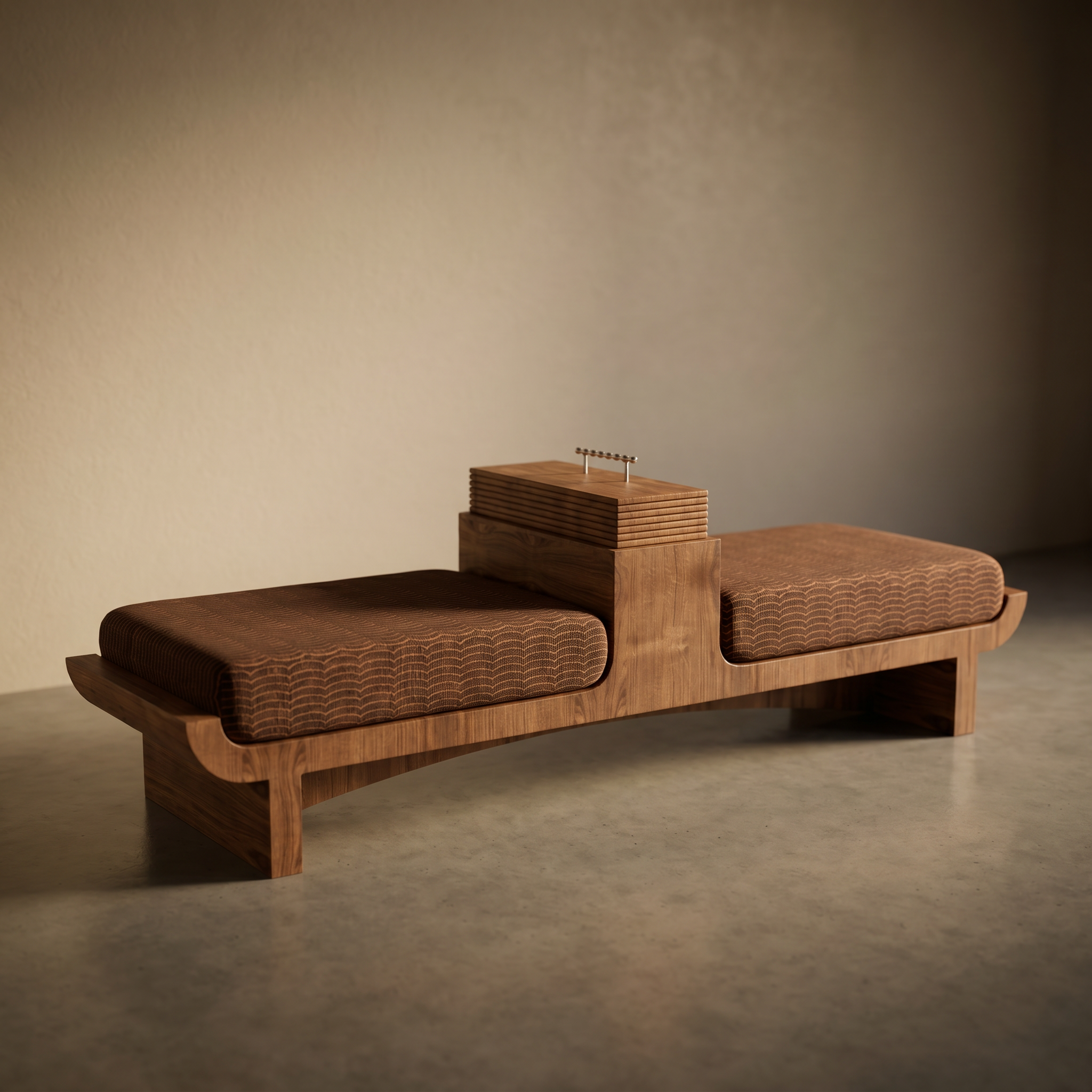 A minimalist wooden bench with brown patterned cushions on a smooth concrete floor against a plain beige wall.