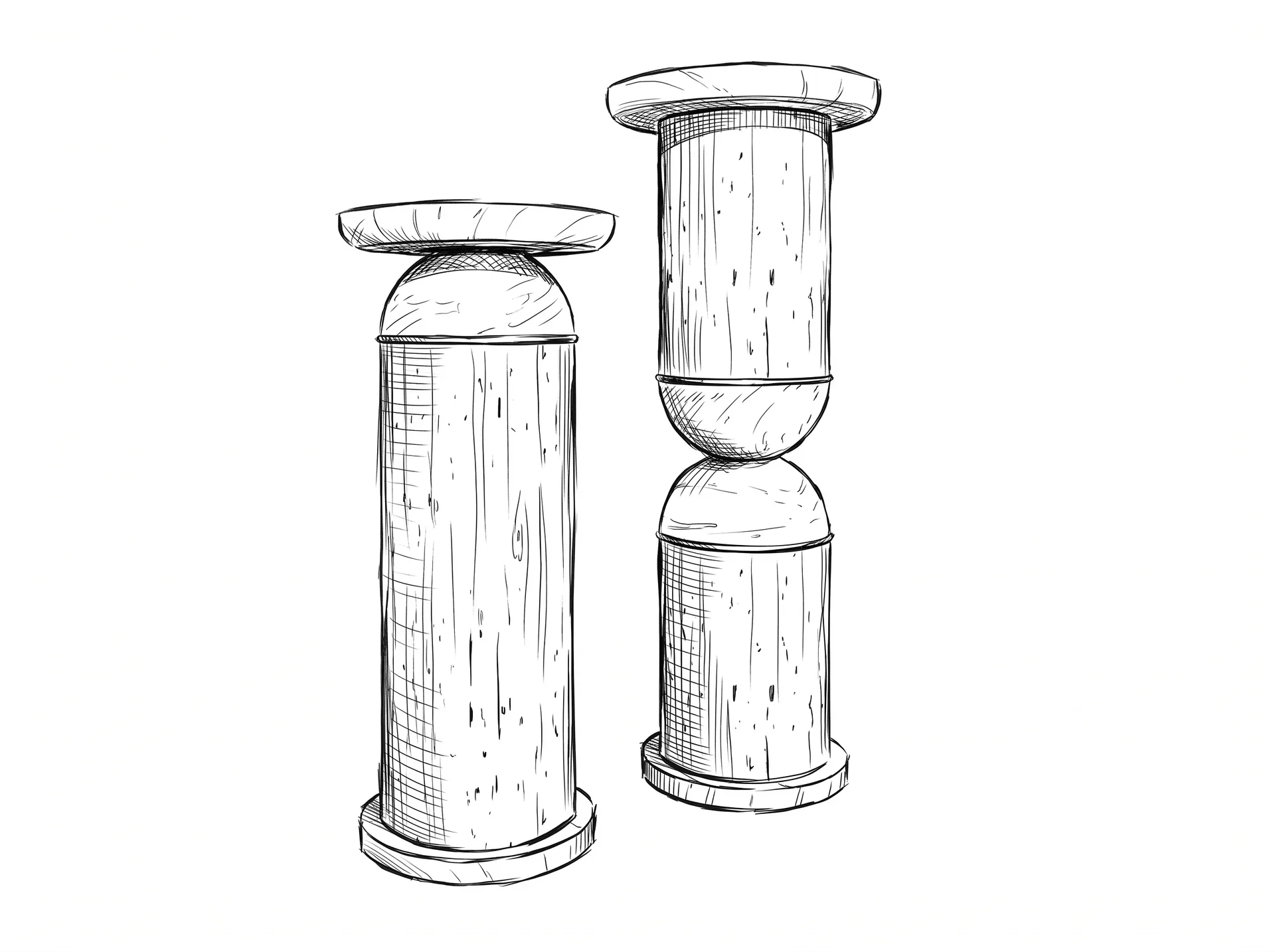 A black and white sketch of four watermelon slices stacked vertically on cylindrical bases, arranged in two columns.