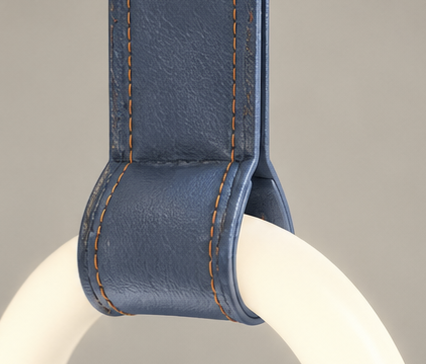 Close-up of a blue leather strap with orange stitching attached to a white metal handle.