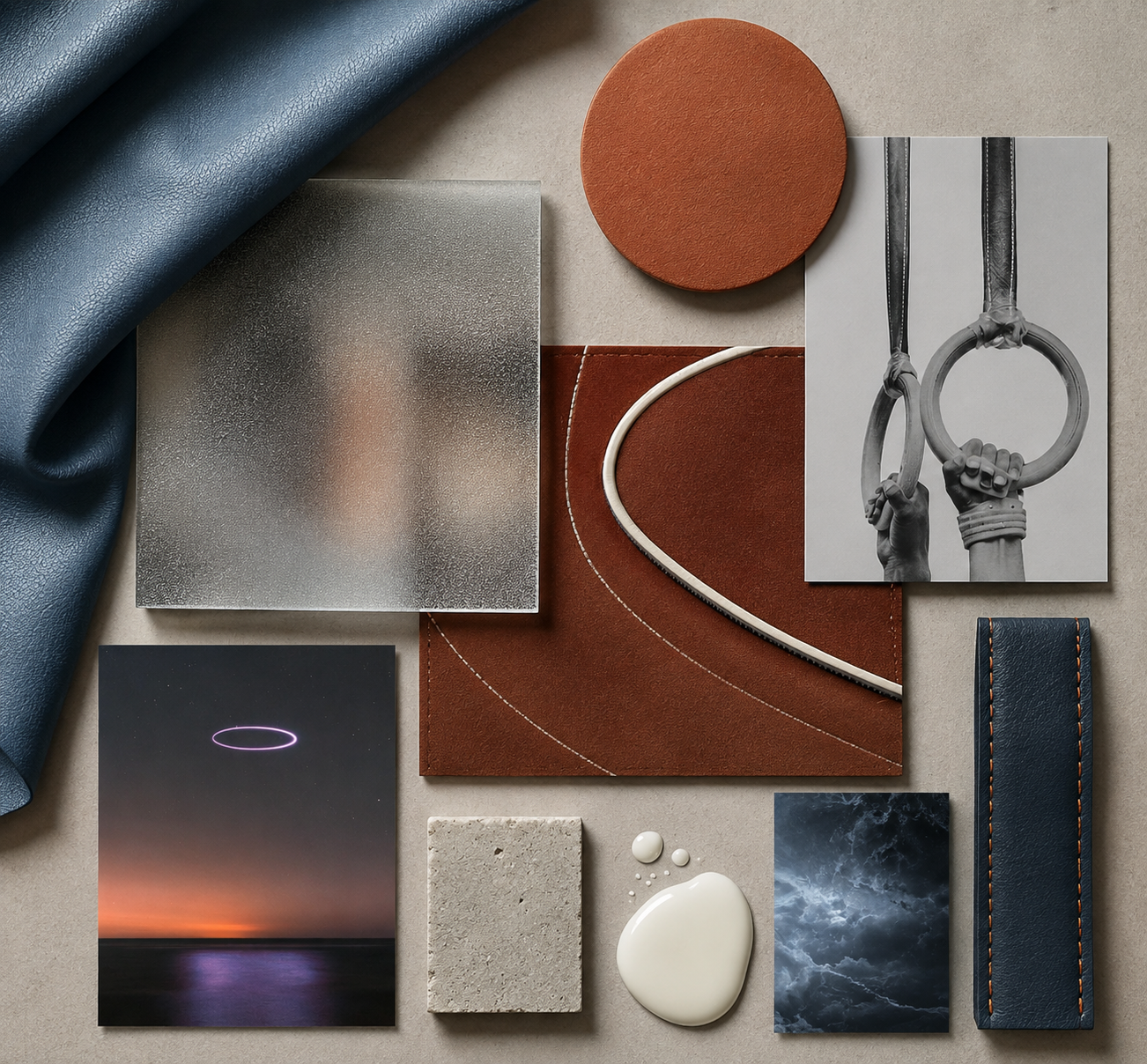 A flat lay of various textured materials including leather, fabric, and paper, along with photographs of sky and rings, arranged on a neutral surface.