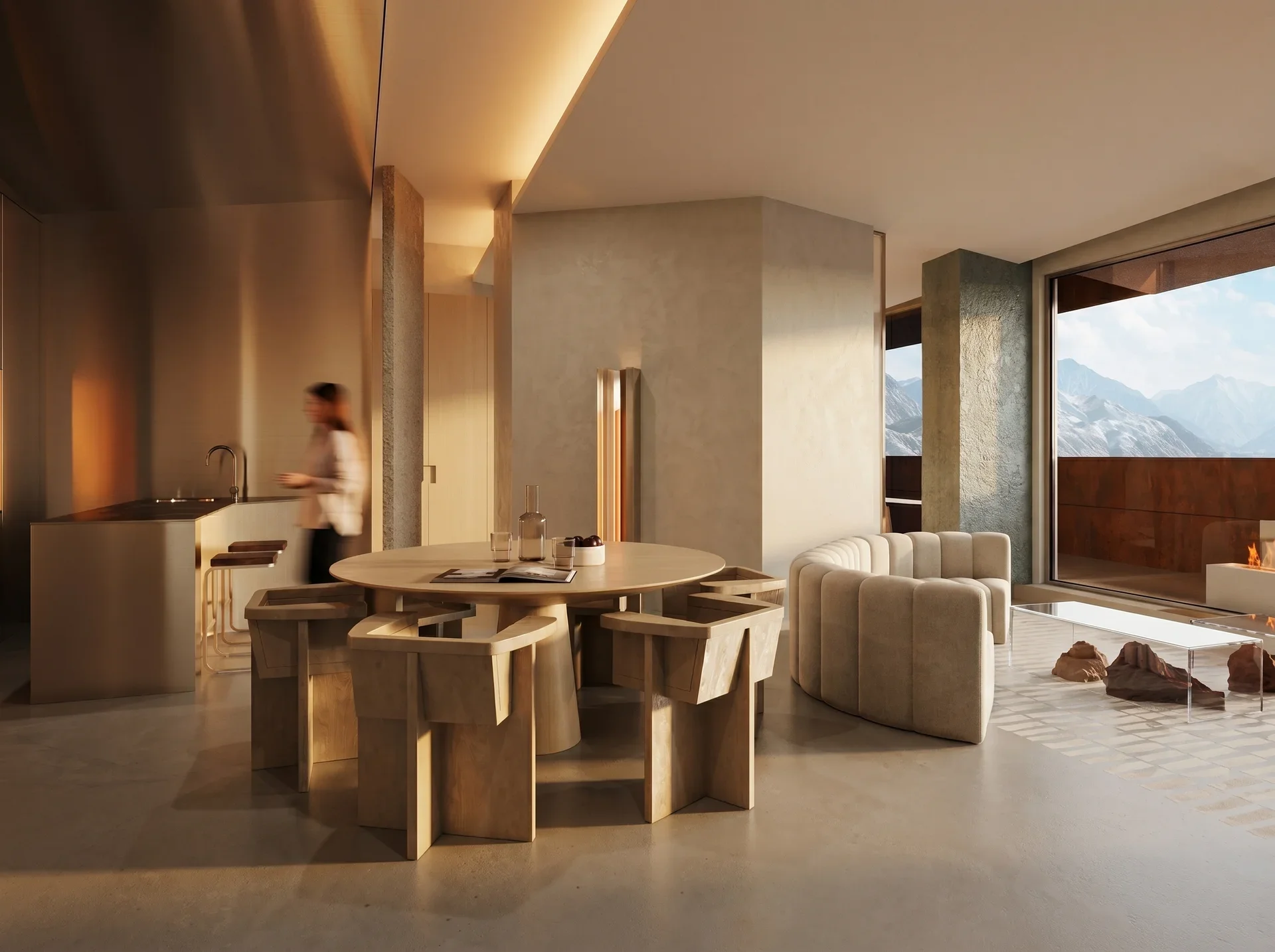 Modern living room with a round wooden dining table and matching chairs, a beige curved sofa, large windows showing mountain views, and a fireplace.