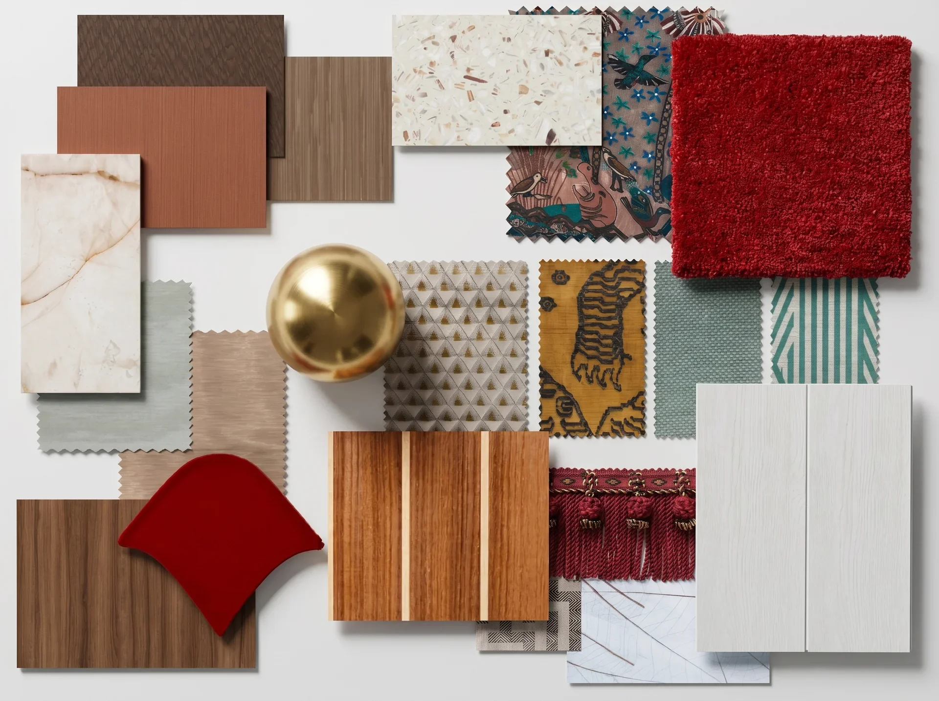 Arrangement of various interior design material samples including wood, fabric, tile, and paint swatches, with some metallic and patterned elements.
