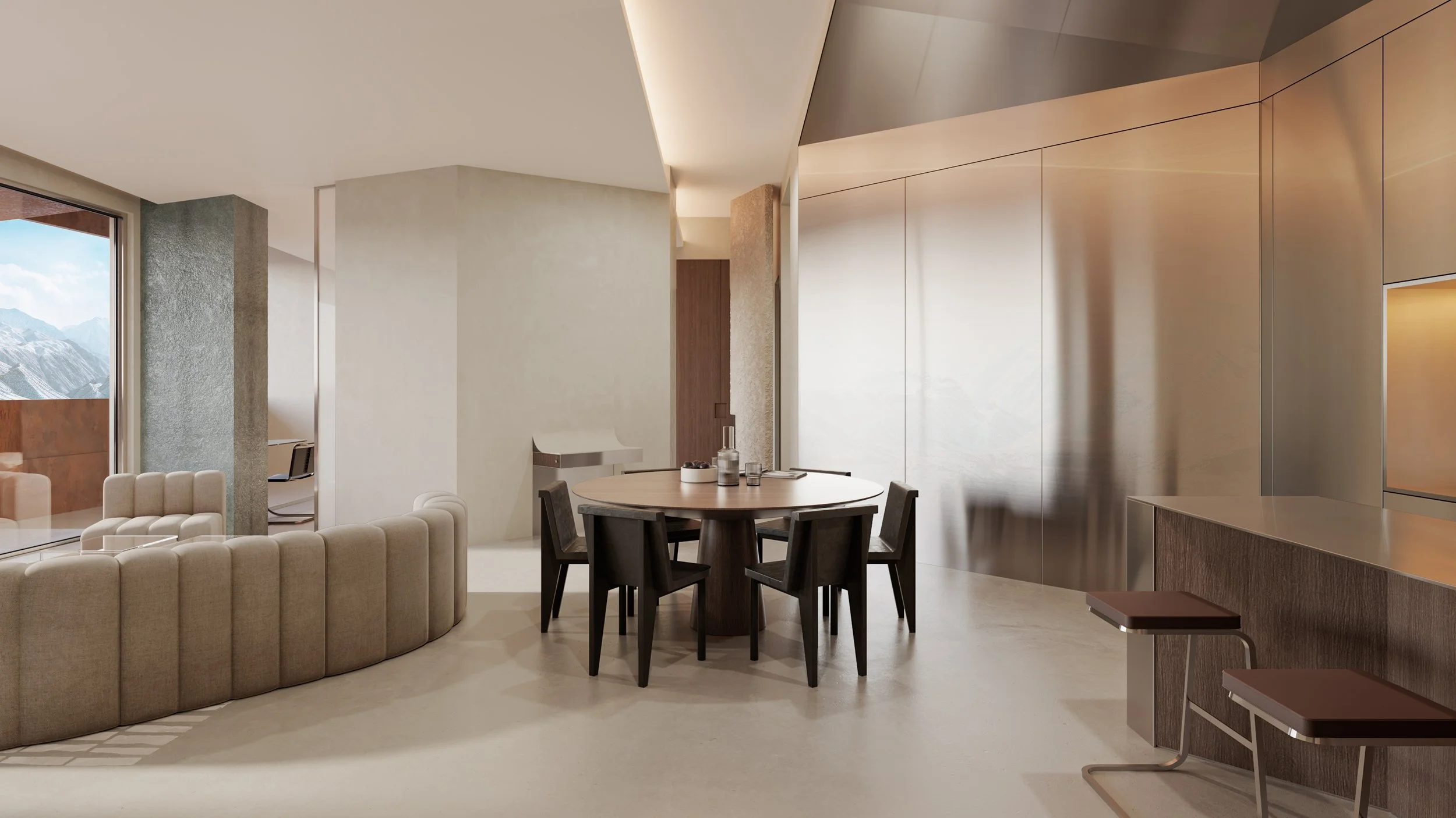 Modern living room and dining area with a curved beige sofa, round wooden table, and black chairs, large window showing mountains and blue sky, sleek kitchen with metallic panels.