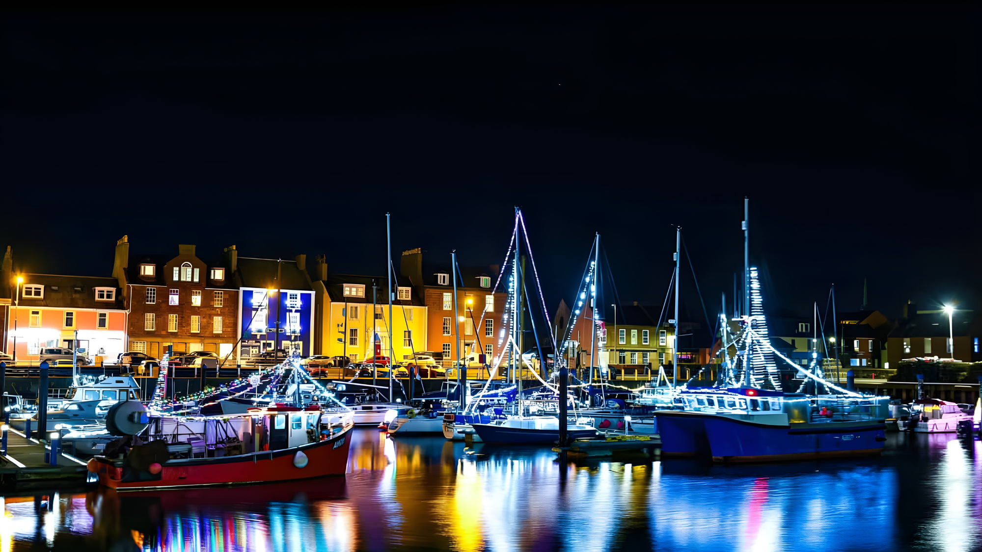Nighttime view of Arbroath Harbour with boats decorated in lights, colourful buildings and reflections on the water, photographed by Kaelyn Robertson Sakura Property Collective, estate agents in Dundee & St Andrews.
