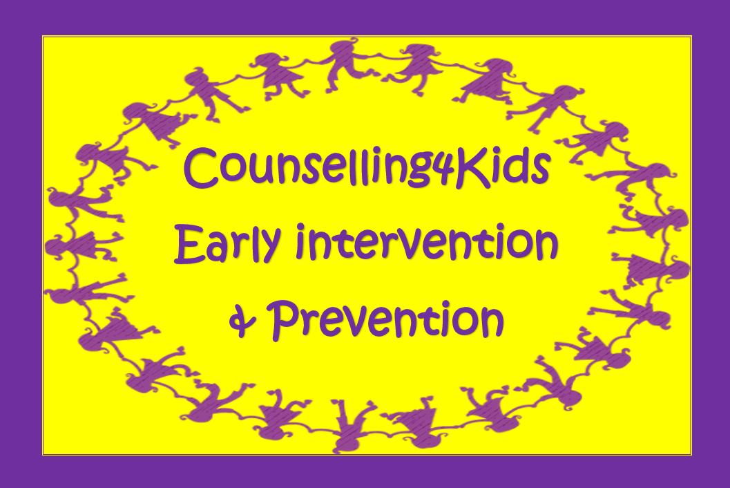 Yellow background with a purple border, featuring purple silhouettes of children holding hands in a circle. Text in the center reads 'Counselling4Kids, Early intervention & Prevention' in purple.