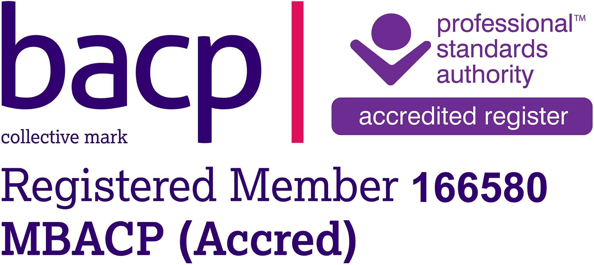 BACP logo with text indicating it's a professional standards authority, accredited register, and a registered member number 166580 for MBACP (Accred).