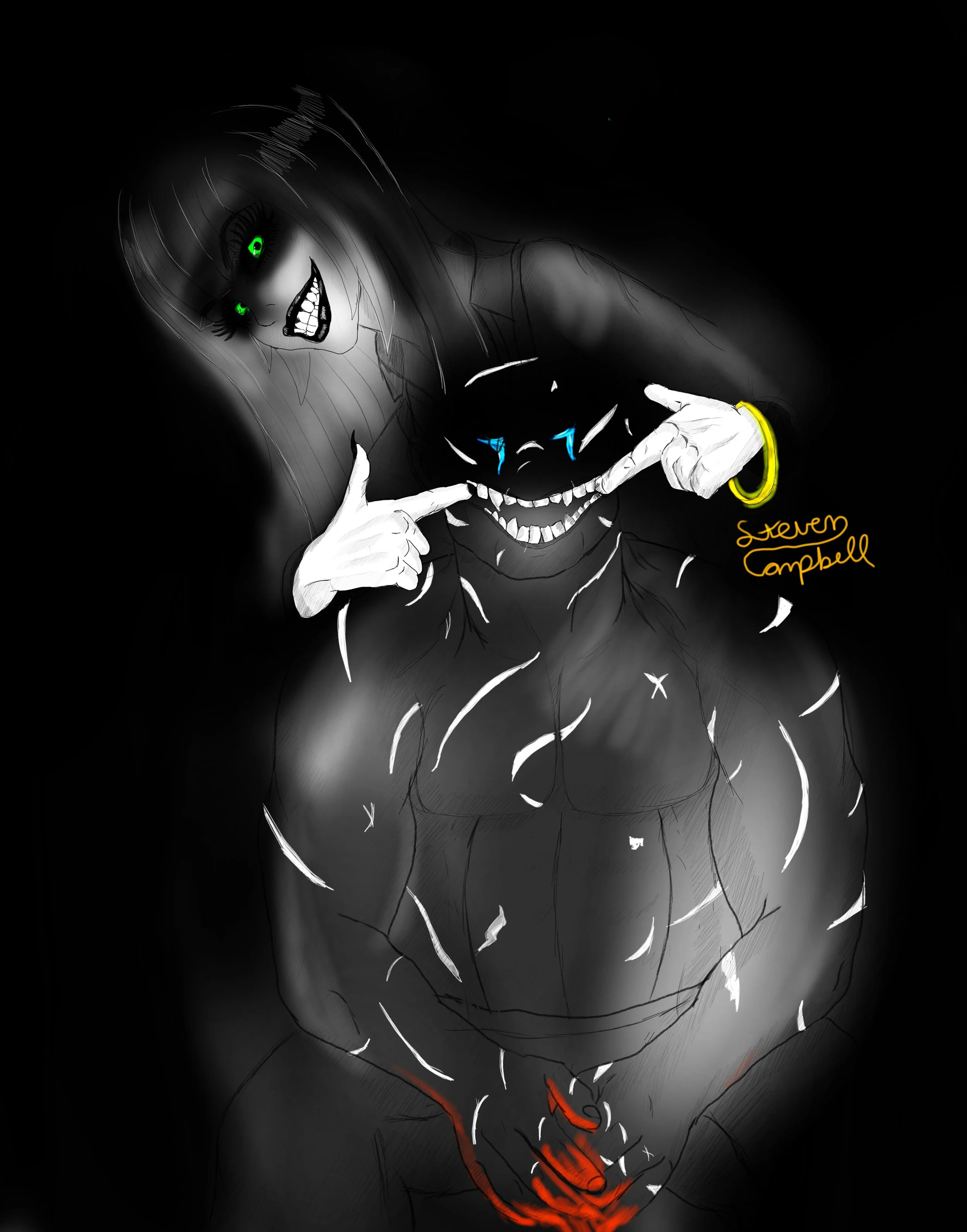 A digital drawing of a woman with glowing green eyes smiling mischievously, pointing at a laughing, muscular man with blue tears, who is holding his own face with both hands. The artwork is signed by Steven Campbell.