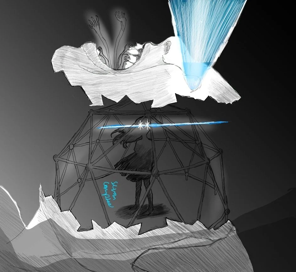 ghostly silhouette of a young girl with blazing blue eyes creating a line in the darkness, standing in dome shape play structure inside a human head split in half. There are ghostly hands coming out of man's mouth and blinding blue lights out his eye