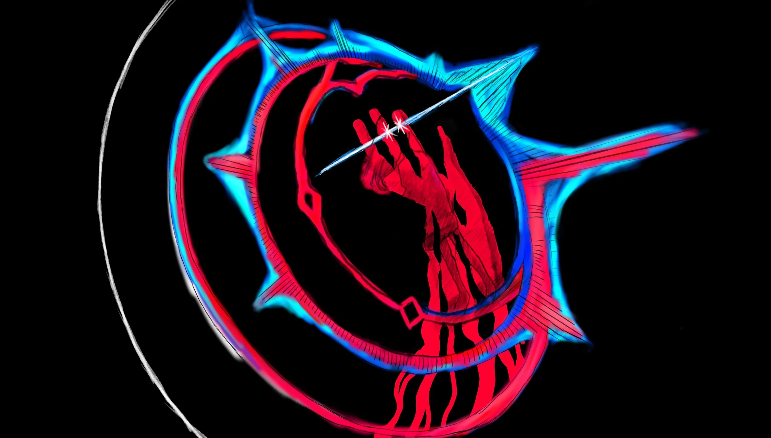 A digital illustration of a human heart with a hand holding a needle piercing it, surrounded by colorful abstract lines and shapes on a black background.