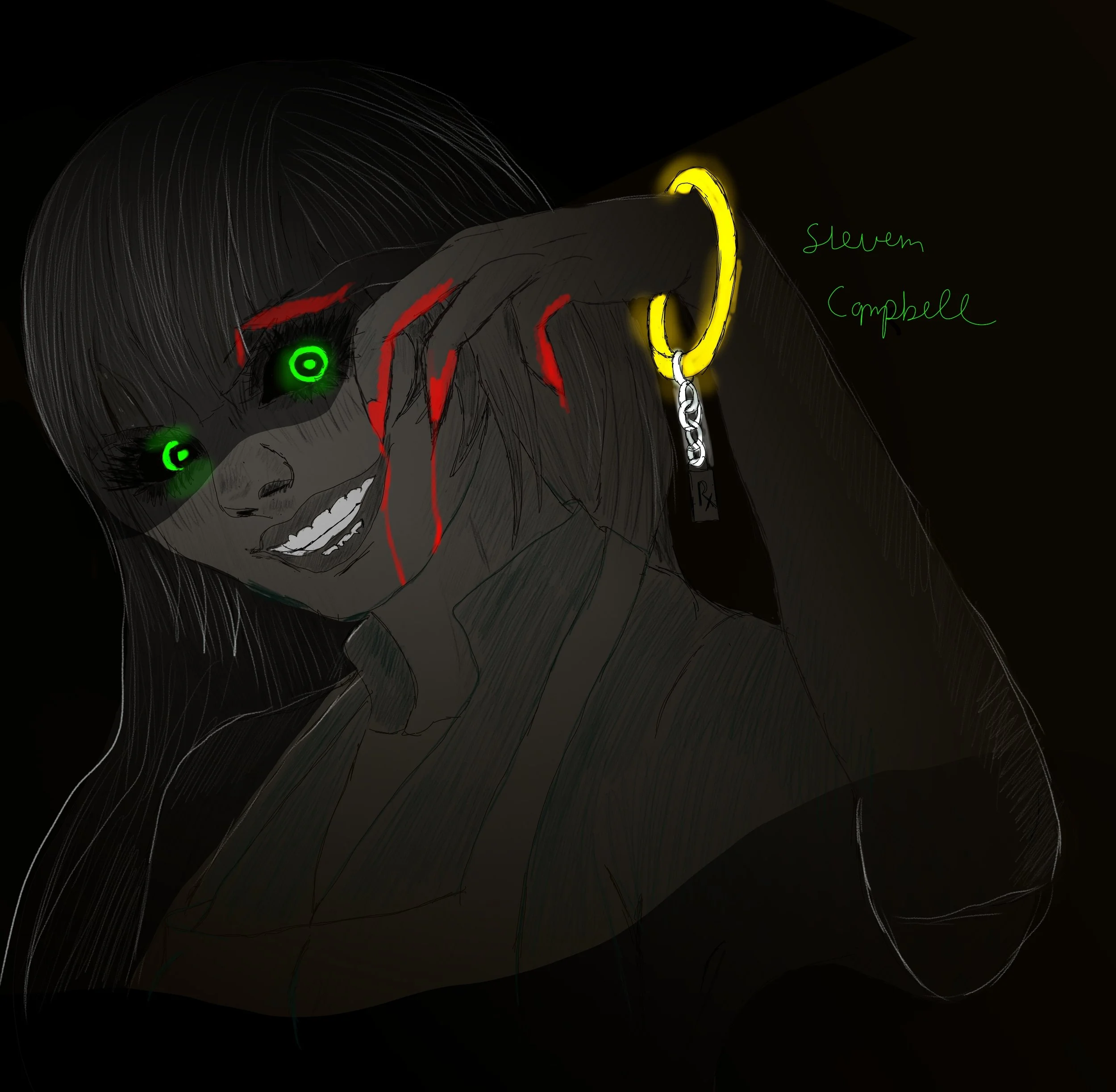 A dark drawing of a woman with long black hair, glowing green eyes, and blood streaks on her face, holding her hand to her head. She has a large golden halo bracket  with a chain and a small tag hanging from it. "Steven Campbell" is written in green.
