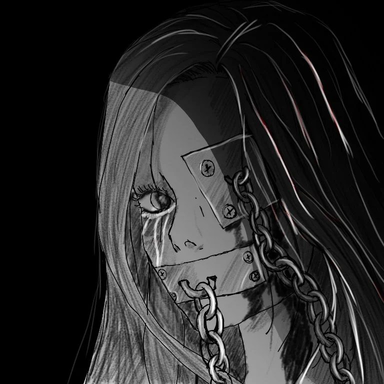 A black and white digital drawing of a girl with long hair, one eye visible, wearing a metallic mask with chains and screws, and tears running down her face.