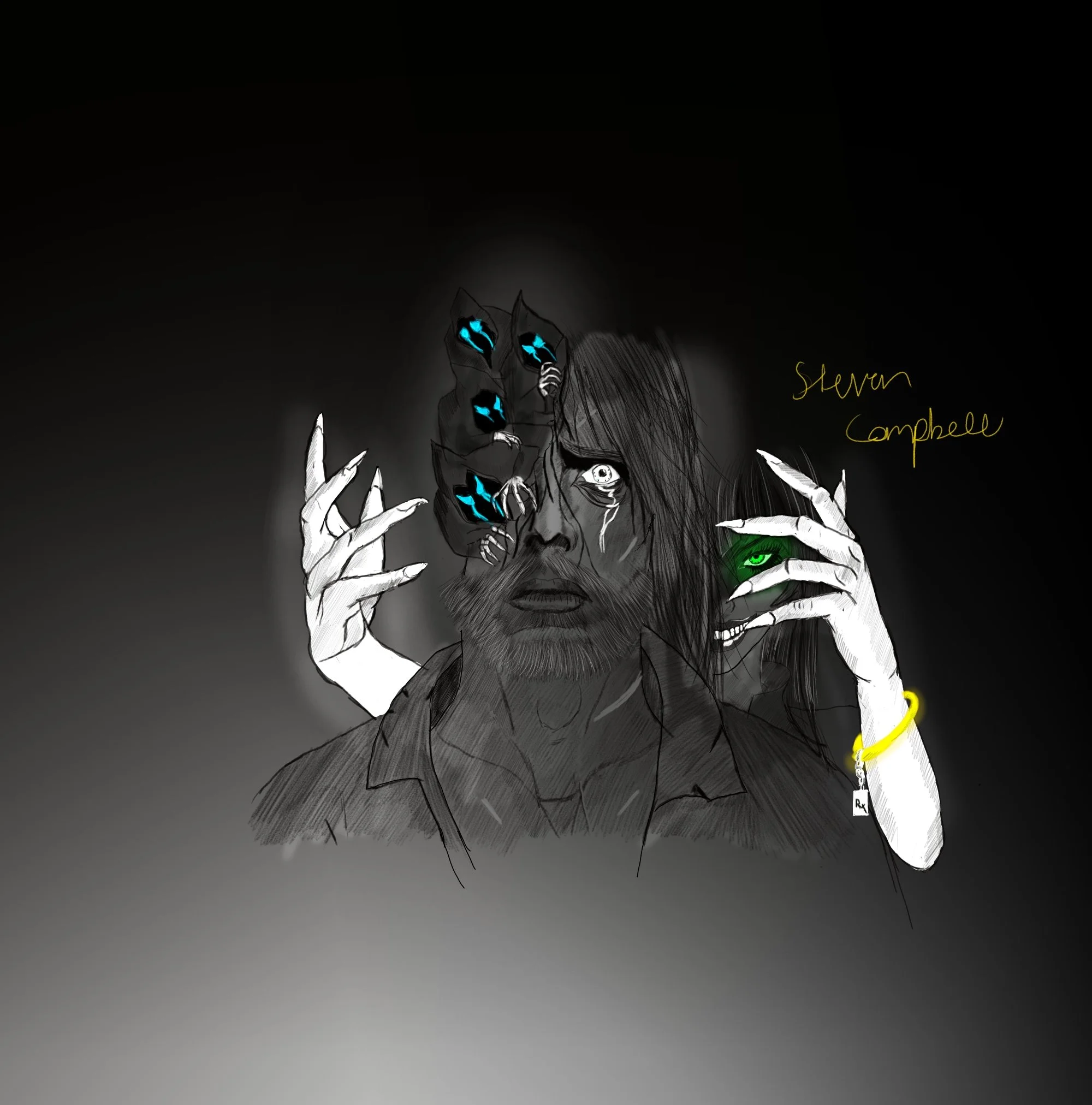 A digitally illustrated portrait of a man with long hair and a beard, holding a green eye in one hand and with a bunch of small blue-lit rats on his face. The character is labeled as 'Steven Campbell'. The background is dark with a gradient fading to