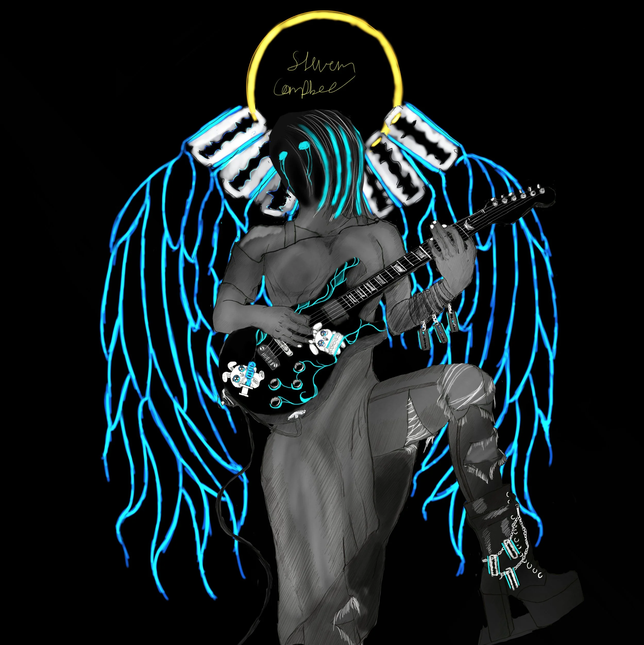 Style images of punk rocker playing an electric guitar, surrounded by neon blue and turquoise lines forming angel wings. There is a neon yellow halo behind their head, with text that reads 'Steven Campbell' in a ghostly green color.