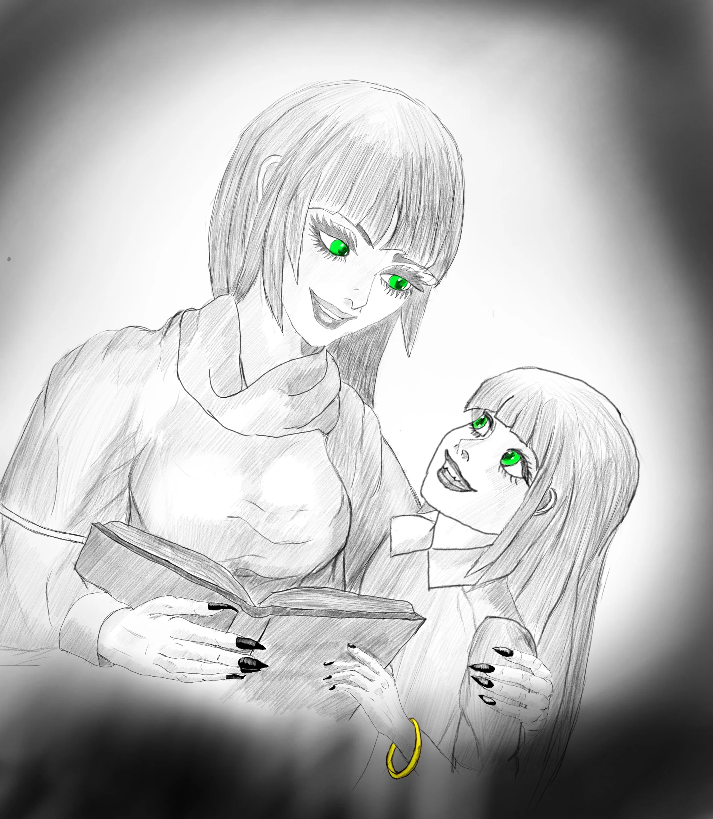 A drawing of two women with vivid green eyes, smiling and looking at each other. One woman has short hair and is holding a book, the other woman has long hair and is wearing a bracelet, both appearing happy and engaged.