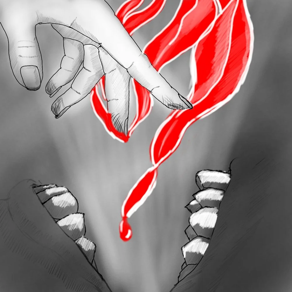 A black and white drawing of a person using their index finger to drip red paint into an open mouth, with other hand and teeth visible.