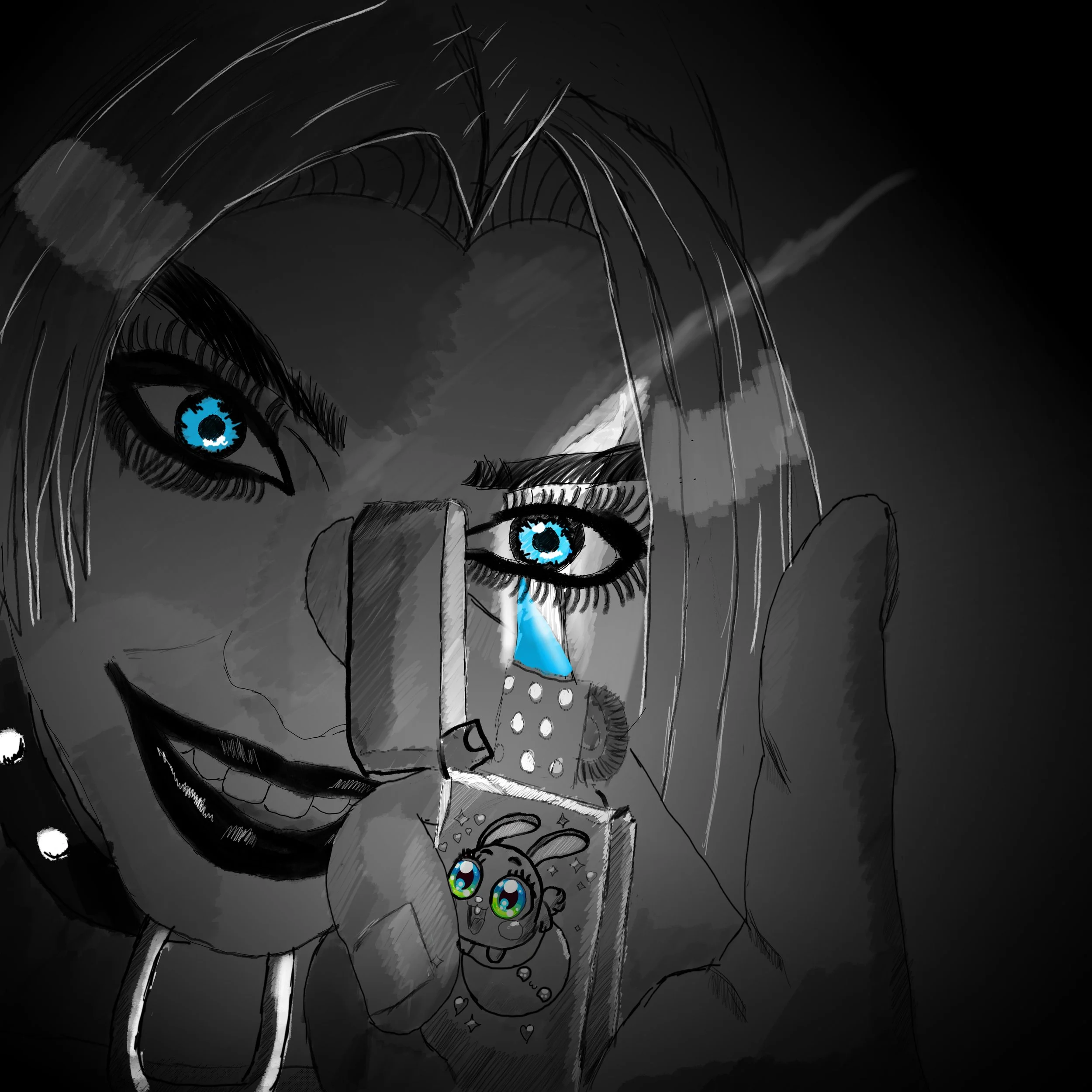 A black and white drawling of punk rocker with blue eyes, she smiling and staring into a flame of lighter. The lighter has cartoon bunnies on it. The blue flame in wrapped around her eye. 