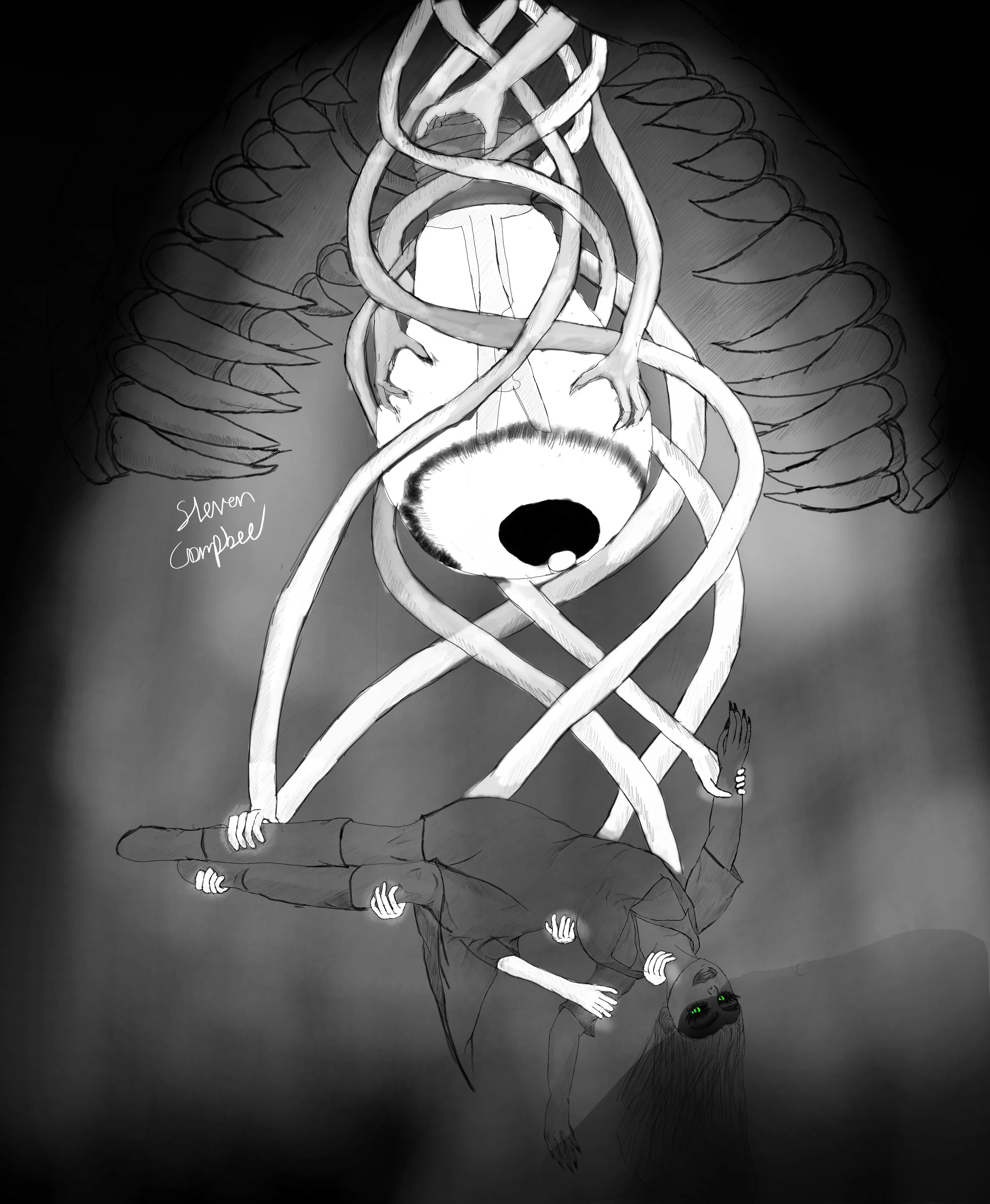 A eldrick creature with spiraling ghostly hands carrying a smiling gothic woman with toxic green eyes. The Eldrick creature is large light bulb shape eye inside massive pair of jaws. 