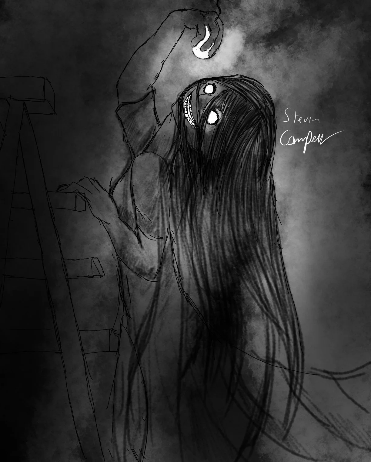 A dark, creepy sketch of a girl with long, messy hair, wide eyes, and a sinister smile, holding a light bulb above her head. The background is shadowy, and there is a signature 'Steven Campbell"