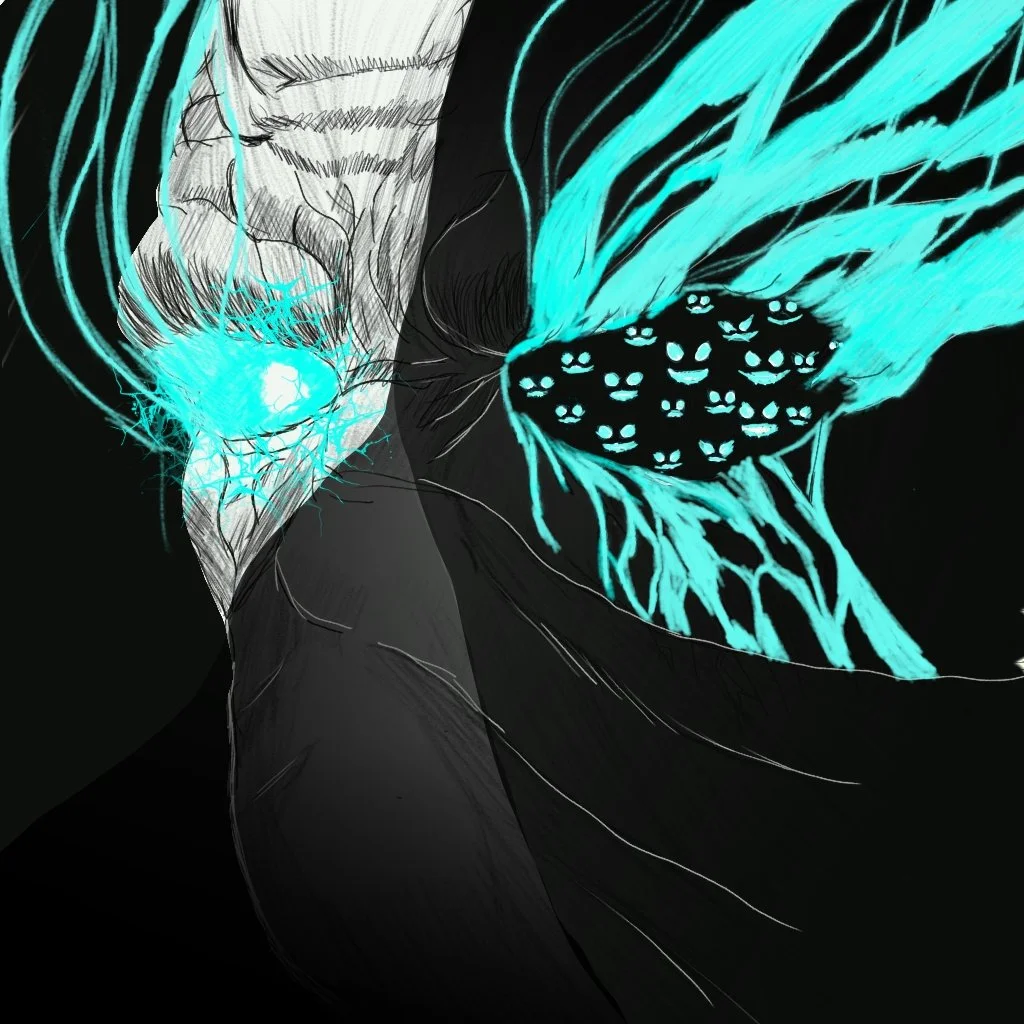 A digital drawing of a person wearing a black hoodie, with glowing blue hair and eyes, and a face with multiple glowing faces or masks.
