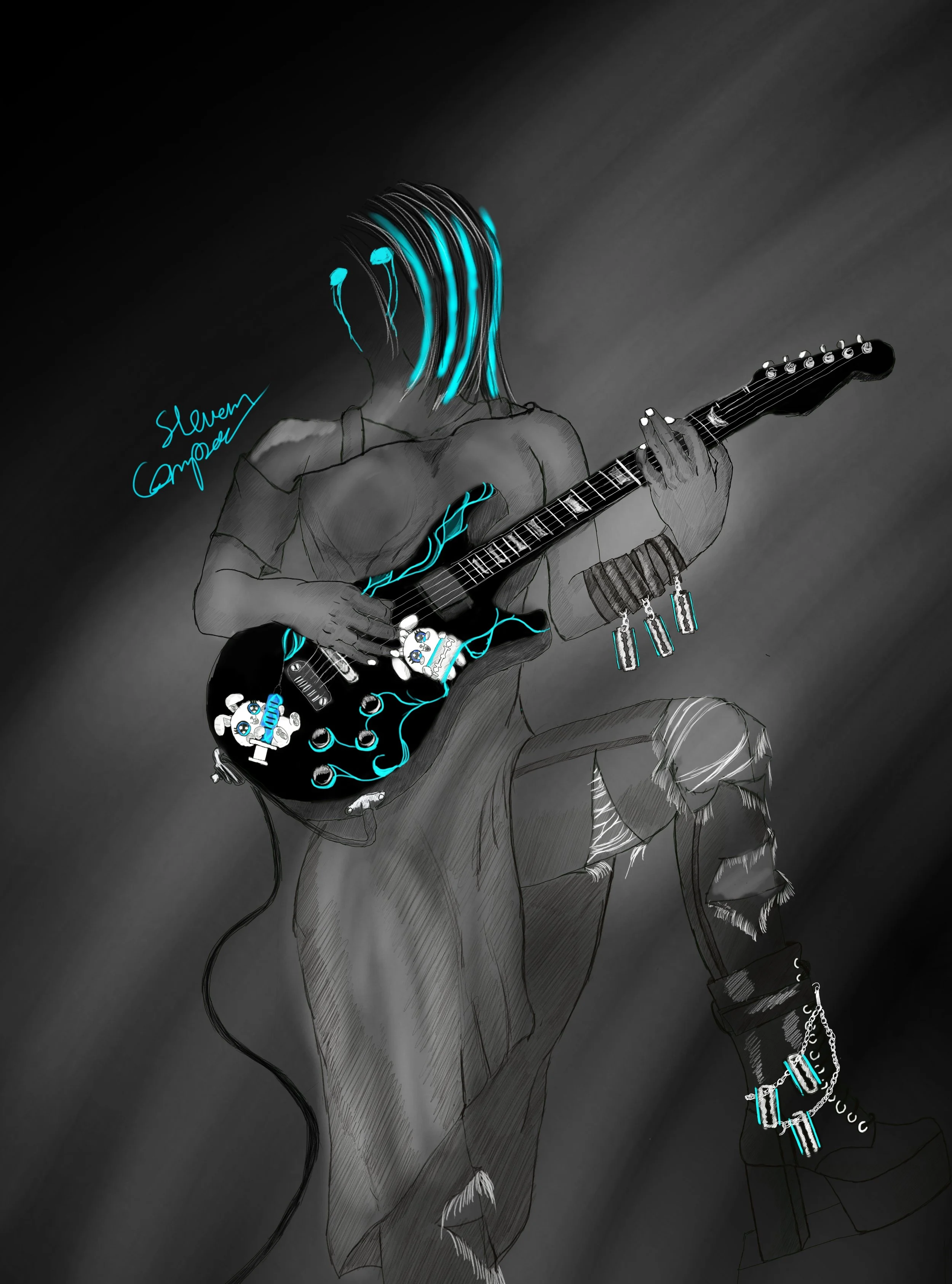  sketch of a person with long, glowing, blue hair playing an electric guitar The person is wearing ripped jeans and various jewelry. The background is dark, and the person's face is not visible. The artist's signature reads 'Steven Campbell ' 