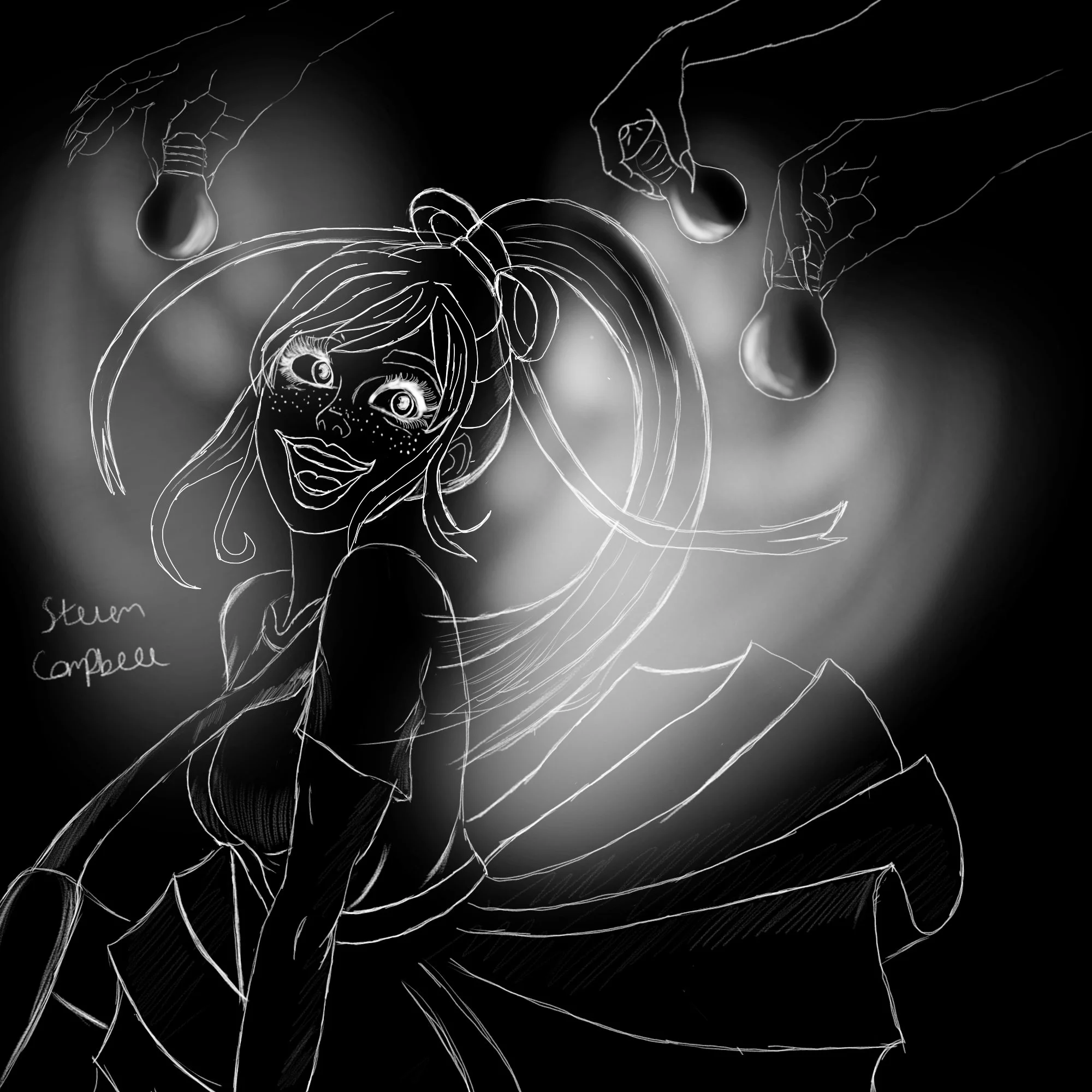 Monochromatic drawling of negative shaded cheerful girl fluttering her dress. Her out lines glow white. tTe only parts of her that are not negative shaded is where the three hands holding lightbulb cast their glow upon her.
