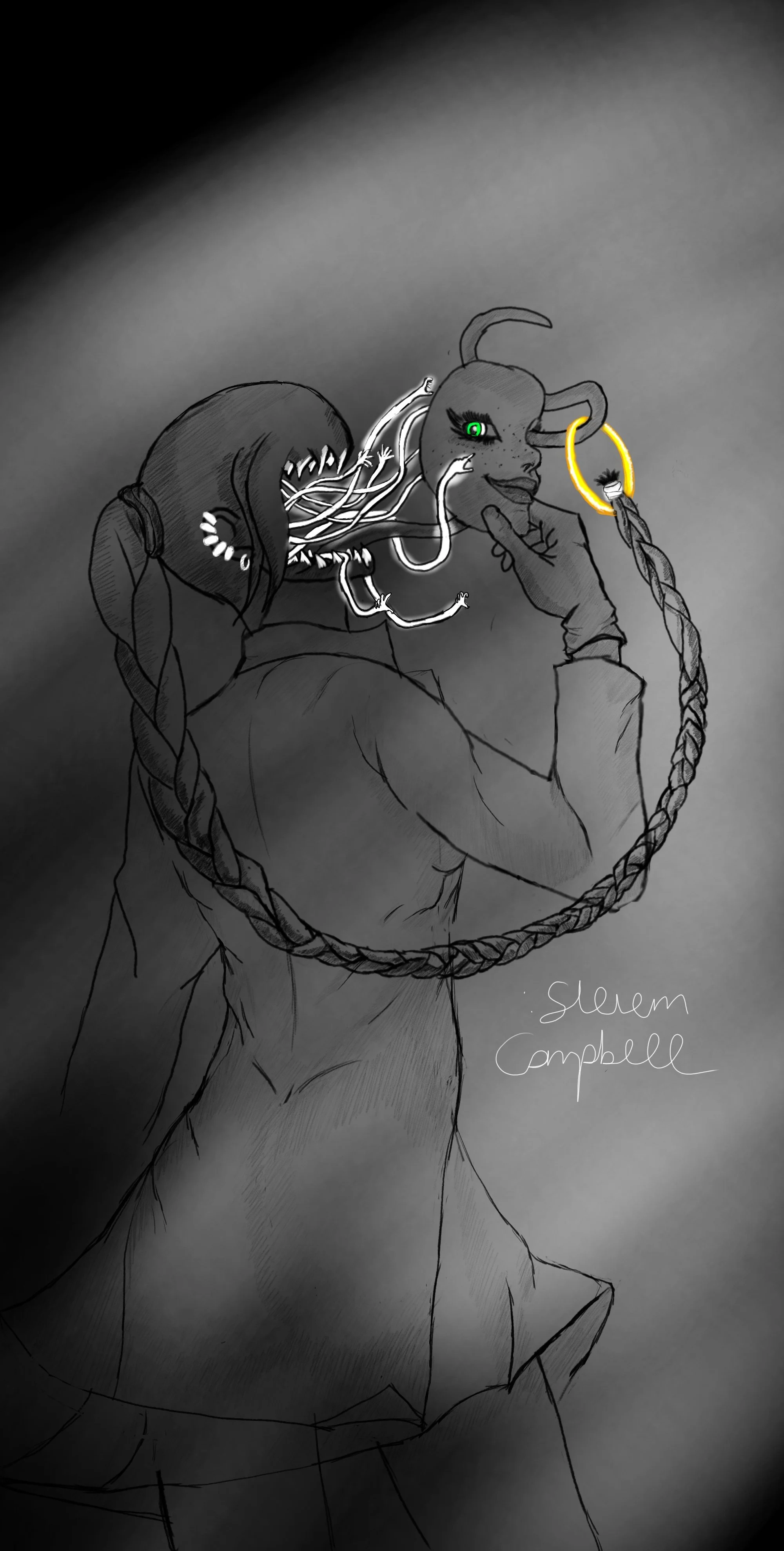 A black and white drawing of a woman with braided hair and an elaborate costume, holding her chin and looking at a mask with tentacles. The mask resembles a woman with horns, green eyes, and earrings, with some tentacles extending from her face. The 