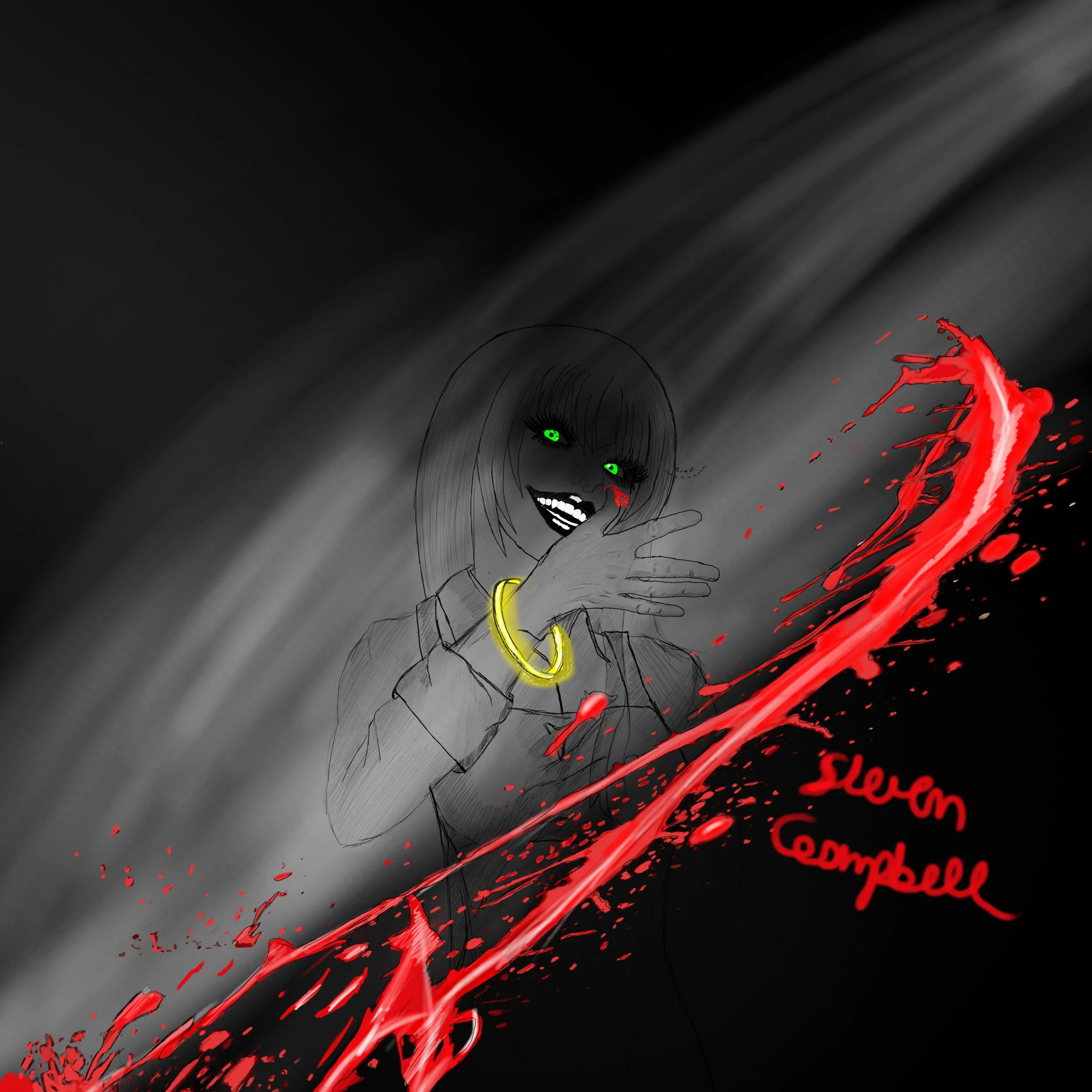 Monochromatic drawling of a sinister woman with toxic green eyes, black hair, and a mischievous smile, with a glowing golden halo bracelet. and splashes of glowing red blood, with a red signature that reads "steven Campbell."