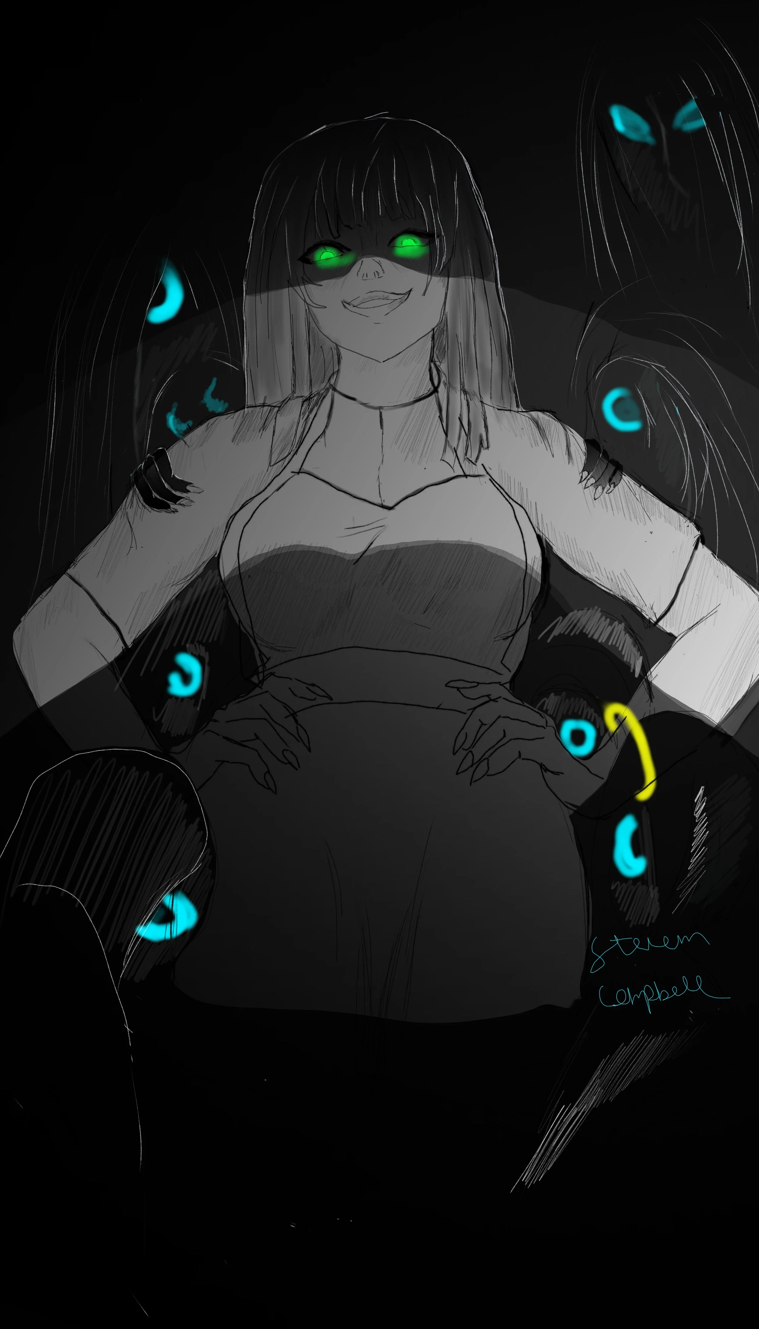 A digital drawing of a woman with neon green glowing eyes, dark hair with bangs, smiling confidently with her hands on her hips, surrounded by glowing blue and yellow abstract shapes, with the artist's signature in the bottom right corner.