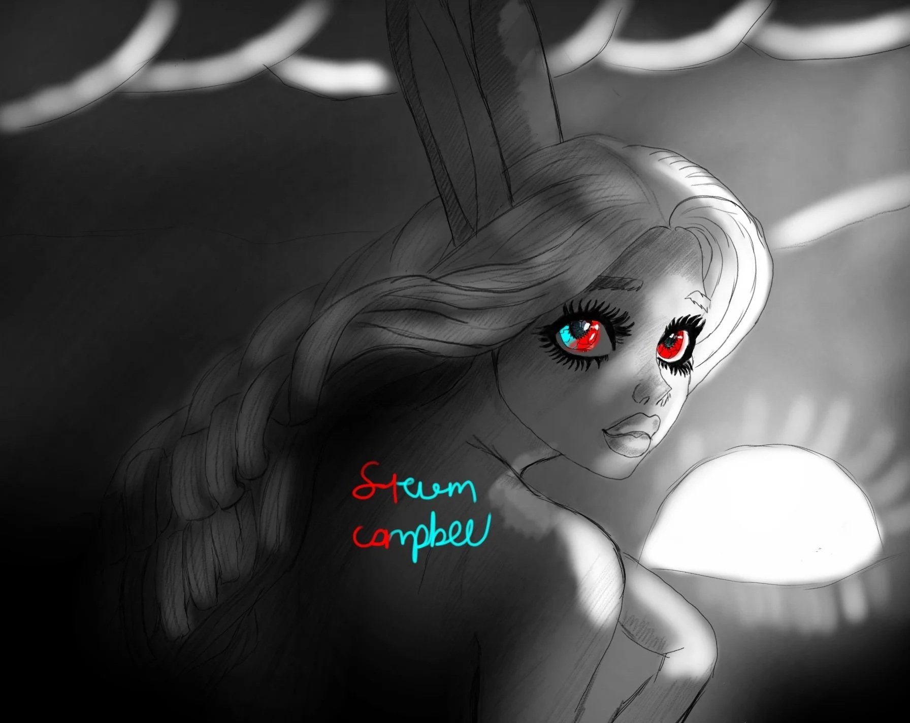 grayscale digital drawing of a distrusting woman with large waiting red and blue eyes, long hair, and bunny ears. She turning away from very bright eye shape sun, a cloudy sky in the background, Sign by Steven Campbell in colors that match her eyes