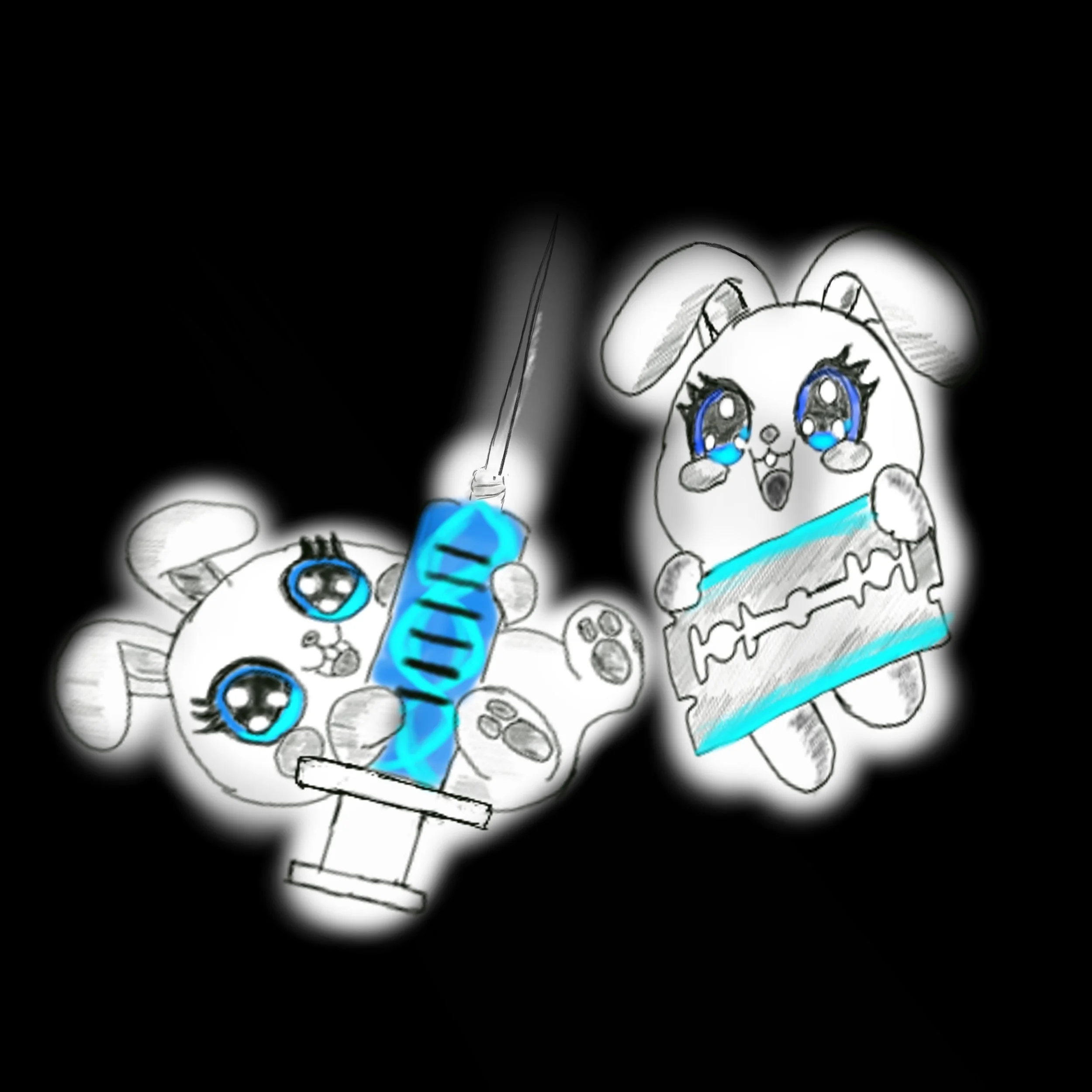 Two glowing cartoon bunnies before a black background. They are holding blue syringes and razor blades. They are cheerful and adorable.
