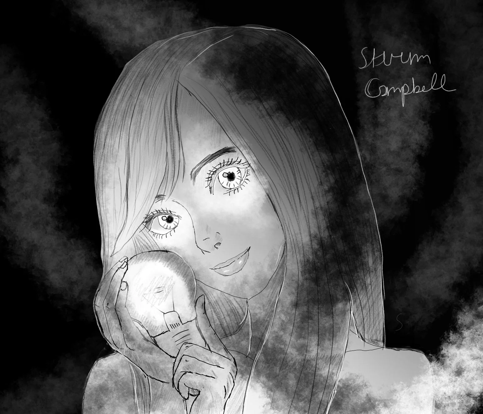 Black and white illustration of a curious woman with long hair, she has a compelling smile, holding an incandescent light bulb near her face, with text 'Steven Campbell' written in the background.