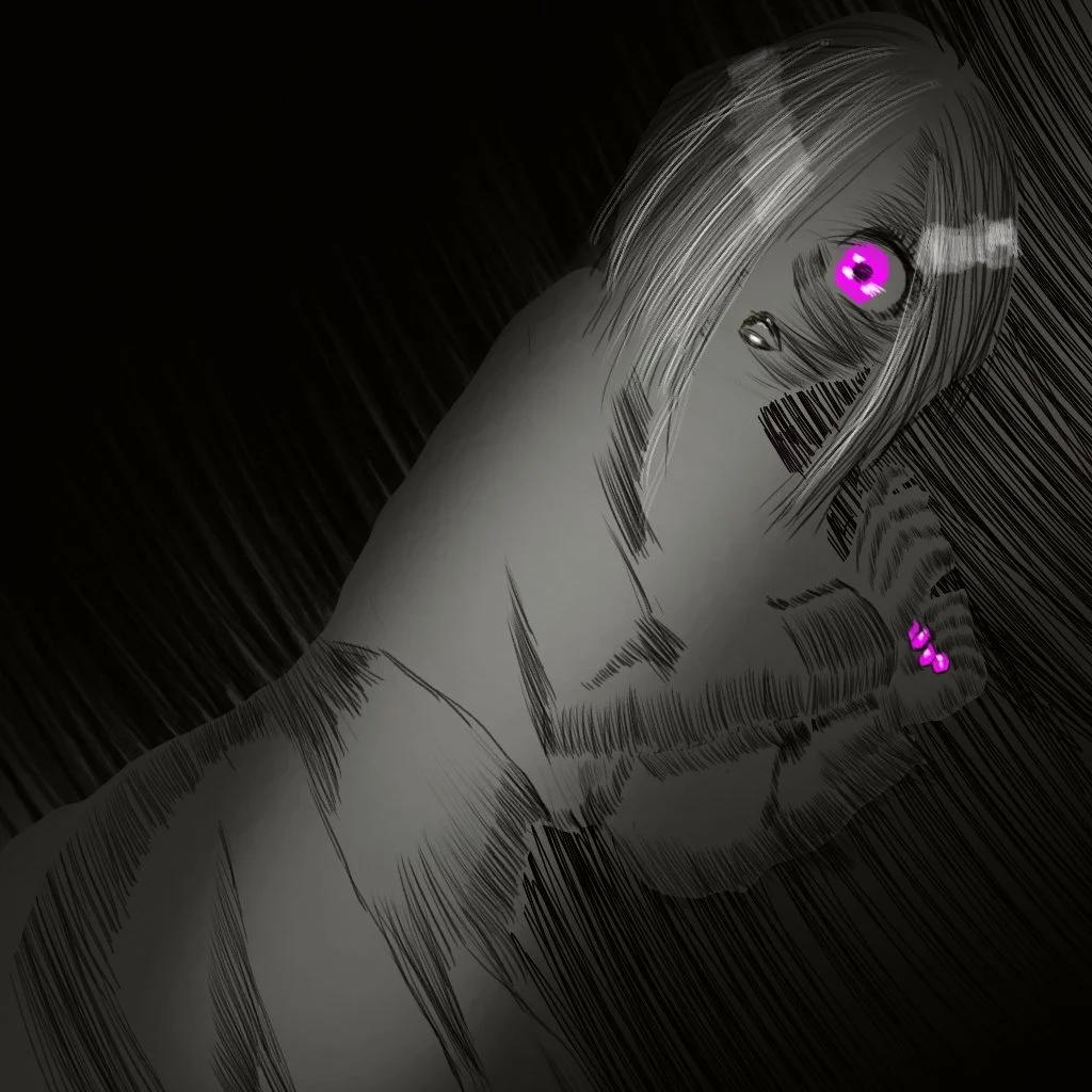 Digital artwork of a person with long hair covering one eye, glowing purple eyes, and wearing earrings, with a dark and textured background.